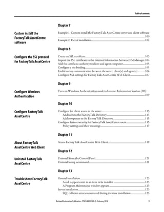 Table of contents
Rockwell Automation Publication - FTAC-IN005F-EN-E - February 2018 5
Chapter 7
Example 1: Custom install the FactoryTalk AssetCentre server and client software
..............................................................................................................................................100
Example 2: Partial installation.......................................................................................102
Chapter 8
Create an SSL certificate.................................................................................................103
Import the SSL certificate to the Internet Information Services (IIS) Manager.104
Add the certificate authority to client and agent computers...................................105
Configure a site binding..................................................................................................105
Enable secure communication between the server, client(s) and agent(s)............106
Configure SSL settings for FactoryTalk AssetCentre Web Client........................107
Chapter 9
Turn on Windows Authentication mode in Internet Information Services (IIS)
..............................................................................................................................................109
Chapter 10
Configure for client access to the server ......................................................................113
Add users to the FactoryTalk Directory..............................................................113
Add computers to the FactoryTalk Directory....................................................115
Configure feature security for FactoryTalk AssetCentre users...............................115
Policy settings and their meanings........................................................................117
Chapter 11
Access FactoryTalk AssetCentre Web Client............................................................119
Chapter 12
Uninstall from the Control Panel.................................................................................121
Uninstall using a command............................................................................................121
Chapter 13
General installation..........................................................................................................123
A red x appears next to an item to be installed...................................................123
A Program Maintenance window appears ..........................................................123
Server installation.............................................................................................................123
SQL collation error encountered during database installation.......................123
Custom install the
FactoryTalk AssetCentre
software
Configure the SSL protocol
for FactoryTalk AssetCentre
Configure Windows
Authentication
Configure FactoryTalk
AssetCentre
About FactoryTalk
AssetCentre Web Client
Uninstall FactoryTalk
AssetCentre
Troubleshoot FactoryTalk
AssetCentre
 