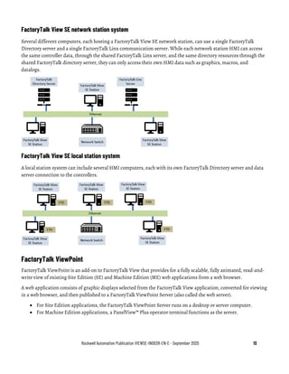 Rockwell Automation Publication VIEWSE-IN003R-EN-E - September 2020 13
FactoryTalk View SE network station system
Several different computers, each hosting a FactoryTalk View SE network station, can use a single FactoryTalk
Directory server and a single FactoryTalk Linx communication server. While each network station HMI can access
the same controller data, through the shared FactoryTalk Linx server, and the same directory resources through the
shared FactoryTalk directory server, they can only access their own HMI data such as graphics, macros, and
datalogs.
FactoryTalk View SE local station system
A local station system can include several HMI computers, each with its own FactoryTalk Directory server and data
server connection to the controllers.
FactoryTalk ViewPoint
FactoryTalk ViewPoint is an add-on to FactoryTalk View that provides for a fully scalable, fully animated, read-and-
write view of existing Site Edition (SE) and Machine Edition (ME) web applications from a web browser.
A web application consists of graphic displays selected from the FactoryTalk View application, converted for viewing
in a web browser, and then published to a FactoryTalk ViewPoint Server (also called the web server).
• For Site Edition applications, the FactoryTalk ViewPoint Server runs on a desktop or server computer.
• For Machine Edition applications, a PanelView™ Plus operator terminal functions as the server.
 