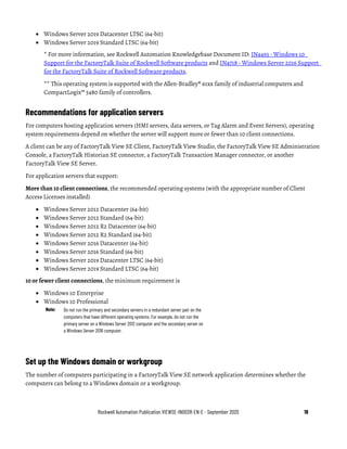 Rockwell Automation Publication VIEWSE-IN003R-EN-E - September 2020 19
• Windows Server 2019 Datacenter LTSC (64-bit)
• Windows Server 2019 Standard LTSC (64-bit)
* For more information, see Rockwell Automation Knowledgebase Document ID: IN4493 - Windows 10
Support for the FactoryTalk Suite of Rockwell Software products and IN4718 - Windows Server 2016 Support
for the FactoryTalk Suite of Rockwell Software products.
** This operating system is supported with the Allen-Bradley® 61xx family of industrial computers and
CompactLogix™ 5480 family of controllers.
Recommendations for application servers
For computers hosting application servers (HMI servers, data servers, or Tag Alarm and Event Servers), operating
system requirements depend on whether the server will support more or fewer than 10 client connections.
A client can be any of FactoryTalk View SE Client, FactoryTalk View Studio, the FactoryTalk View SE Administration
Console, a FactoryTalk Historian SE connector, a FactoryTalk Transaction Manager connector, or another
FactoryTalk View SE Server.
For application servers that support:
More than 10 client connections, the recommended operating systems (with the appropriate number of Client
Access Licenses installed)
• Windows Server 2012 Datacenter (64-bit)
• Windows Server 2012 Standard (64-bit)
• Windows Server 2012 R2 Datacenter (64-bit)
• Windows Server 2012 R2 Standard (64-bit)
• Windows Server 2016 Datacenter (64-bit)
• Windows Server 2016 Standard (64-bit)
• Windows Server 2019 Datacenter LTSC (64-bit)
• Windows Server 2019 Standard LTSC (64-bit)
10 or fewer client connections, the minimum requirement is
• Windows 10 Enterprise
• Windows 10 Professional
Note: Do not run the primary and secondary servers in a redundant server pair on the
computers that have different operating systems. For example, do not run the
primary server on a Windows Server 2012 computer and the secondary server on
a Windows Server 2016 computer.
Set up the Windows domain or workgroup
The number of computers participating in a FactoryTalk View SE network application determines whether the
computers can belong to a Windows domain or a workgroup.
 