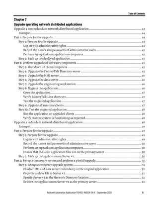 Table of Contents
Rockwell Automation Publication VIEWSE-IN003R-EN-E - September 2020 5
Chapter 7
Upgrade operating network distributed applications
Upgrade a non-redundant network distributed application...................................................................... 43
Example..................................................................................................................................................... 44
Part 1: Prepare for the upgrade...................................................................................................................... 44
Step 1: Prepare for the upgrade ............................................................................................................... 44
Log on with administrative rights .................................................................................................... 44
Record the names and passwords of administrative users ............................................................ 45
Perform set-up tasks on application computers.............................................................................. 45
Step 2: Back up the deployed application ............................................................................................... 45
Part 2: Perform upgrade of software components....................................................................................... 45
Step 3: Shut down all client computers................................................................................................... 45
Step 4: Upgrade the FactoryTalk Directory server................................................................................. 45
Step 5: Upgrade the HMI server .............................................................................................................. 46
Step 6: Upgrade the data server............................................................................................................... 46
Step 7: Upgrade the engineering workstation ....................................................................................... 46
Step 8: Migrate the application ............................................................................................................... 46
Open the application.......................................................................................................................... 47
Verify FactoryTalk Linx shortcuts..................................................................................................... 47
Test the migrated application ........................................................................................................... 47
Step 9: Upgrade all run-time clients........................................................................................................ 47
Step 10: Test the migrated application....................................................................................................48
Run the application on upgraded clients .........................................................................................48
Verify that the system is functioning as expected...........................................................................48
Upgrade a redundant network distributed application ..............................................................................48
Example..................................................................................................................................................... 49
Part 1: Prepare for the upgrade...................................................................................................................... 49
Step 1: Prepare for the upgrade ............................................................................................................... 49
Log on with administrative rights .................................................................................................... 49
Record the names and passwords of administrative users ............................................................50
Perform set-up tasks on application computers..............................................................................50
Ensure that the latest application files are on the primary server .................................................50
Step 2: Back up the application on Server #1..........................................................................................50
Part 2: Set up a temporary system and perform a partial upgrade.............................................................50
Step 3: Set up a temporary upgrade system ............................................................................................51
Disable HMI and data server redundancy in the original application .......................................... 52
Copy the archive file to Server #2...................................................................................................... 52
Specify Server #2 as the Network Directory location...................................................................... 52
Restore the application on Server #2 as the primary server ........................................................... 52
 