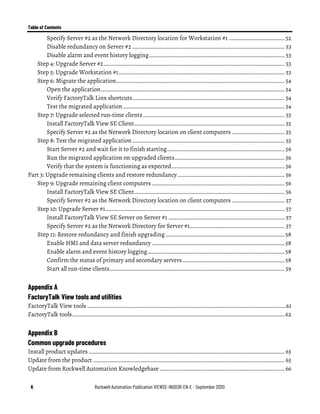 Table of Contents
6 Rockwell Automation Publication VIEWSE-IN003R-EN-E - September 2020
Specify Server #2 as the Network Directory location for Workstation #1 ..................................... 52
Disable redundancy on Server #2 ..................................................................................................... 53
Disable alarm and event history logging.......................................................................................... 53
Step 4: Upgrade Server #2........................................................................................................................ 53
Step 5: Upgrade Workstation #1.............................................................................................................. 53
Step 6: Migrate the application................................................................................................................ 54
Open the application.......................................................................................................................... 54
Verify FactoryTalk Linx shortcuts..................................................................................................... 54
Test the migrated application ........................................................................................................... 54
Step 7: Upgrade selected run-time clients.............................................................................................. 55
Install FactoryTalk View SE Client.................................................................................................... 55
Specify Server #2 as the Network Directory location on client computers ................................... 55
Step 8: Test the migrated application ..................................................................................................... 55
Start Server #2 and wait for it to finish starting.............................................................................. 56
Run the migrated application on upgraded clients......................................................................... 56
Verify that the system is functioning as expected........................................................................... 56
Part 3: Upgrade remaining clients and restore redundancy....................................................................... 56
Step 9: Upgrade remaining client computers ........................................................................................ 56
Install FactoryTalk View SE Client.................................................................................................... 56
Specify Server #2 as the Network Directory location on client computers ................................... 57
Step 10: Upgrade Server #1....................................................................................................................... 57
Install FactoryTalk View SE Server on Server #1 ............................................................................. 57
Specify Server #2 as the Network Directory for Server #1............................................................... 57
Step 11: Restore redundancy and finish upgrading ...............................................................................58
Enable HMI and data server redundancy ........................................................................................58
Enable alarm and event history logging...........................................................................................58
Confirm the status of primary and secondary servers....................................................................58
Start all run-time clients.................................................................................................................... 59
Appendix A
FactoryTalk View tools and utilities
FactoryTalk View tools ....................................................................................................................................61
FactoryTalk tools.............................................................................................................................................62
Appendix B
Common upgrade procedures
Install product updates .................................................................................................................................. 65
Update from the product ............................................................................................................................... 65
Update from Rockwell Automation Knowledgebase ................................................................................... 66
 