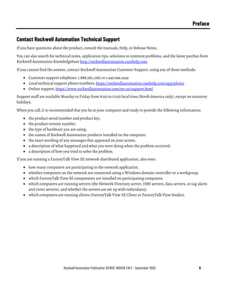 Rockwell Automation Publication VIEWSE-IN003R-EN-E - September 2020 9
Preface
Contact Rockwell Automation Technical Support
If you have questions about the product, consult the manuals, Help, or Release Notes.
You can also search for technical notes, application tips, solutions to common problems, and the latest patches from
Rockwell Automation Knowledgebase http://rockwellautomation.custhelp.com.
If you cannot find the answer, contact Rockwell Automation Customer Support, using any of these methods:
• Customer support telephone: 1.888.382.1583 or 1.440.646.3434
• Local technical support phone numbers: https://rockwellautomation.custhelp.com/app/phone
• Online support: https://www.rockwellautomation.com/en-us/support.html
Support staff are available Monday to Friday from 8:00 to 17:00 local time (North America only), except on statutory
holidays.
When you call, it is recommended that you be at your computer and ready to provide the following information:
• the product serial number and product key.
• the product version number.
• the type of hardware you are using.
• the names of Rockwell Automation products installed on the computer.
• the exact wording of any messages that appeared on your screen.
• a description of what happened and what you were doing when the problem occurred.
• a description of how you tried to solve the problem.
If you are running a FactoryTalk View SE network distributed application, also note:
• how many computers are participating in the network application.
• whether computers on the network are connected using a Windows domain controller or a workgroup.
• which FactoryTalk View SE components are installed on participating computers.
• which computers are running servers (the Network Directory server, HMI servers, data servers, or tag alarm
and event servers), and whether the servers are set up with redundancy.
• which computers are running clients (FactoryTalk View SE Client or FactoryTalk View Studio).
 