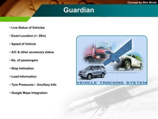 Concept by Shiv Nirula


                                    Guardian

• Live Status of Vehicles

• Exact Location (+- 20m)

• Speed of Vehicle

• A/C & other accessory status

• No. of passengers

• Stop Intimation

• Load Information

• Tyre Pressures / Ancillary Info

• Google Maps Integration
 