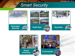 Concept by Shiv Nirula


            Smart Security



Perimeter
                        Hawk Eye               Guardian
Security




              Smart
                                   Commander
            Inventory
 