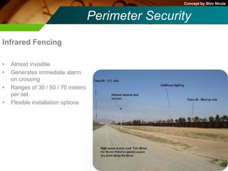 Concept by Shiv Nirula


                                    Perimeter Security
Infrared Fencing

•   Almost invisible
•   Generates immediate alarm
    on crossing
•   Ranges of 30 / 50 / 70 meters
    per set
•   Flexible installation options
 