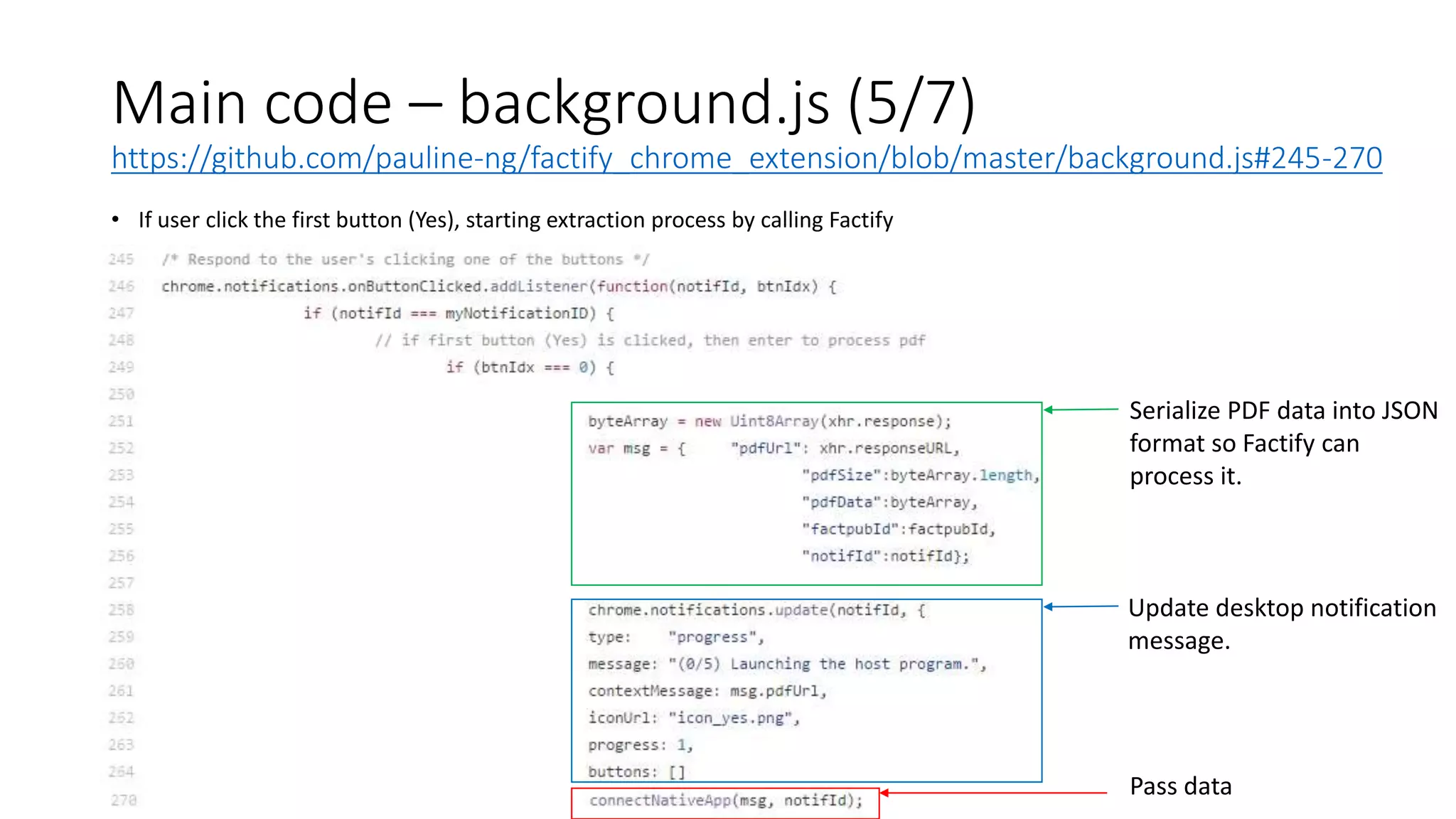 Main code – background.js (5/7)
https://github.com/pauline-ng/factify_chrome_extension/blob/master/background.js#245-270
• If user click the first button (Yes), starting extraction process by calling Factify
Serialize PDF data into JSON
format so Factify can
process it.
Pass data
Update desktop notification
message.
 