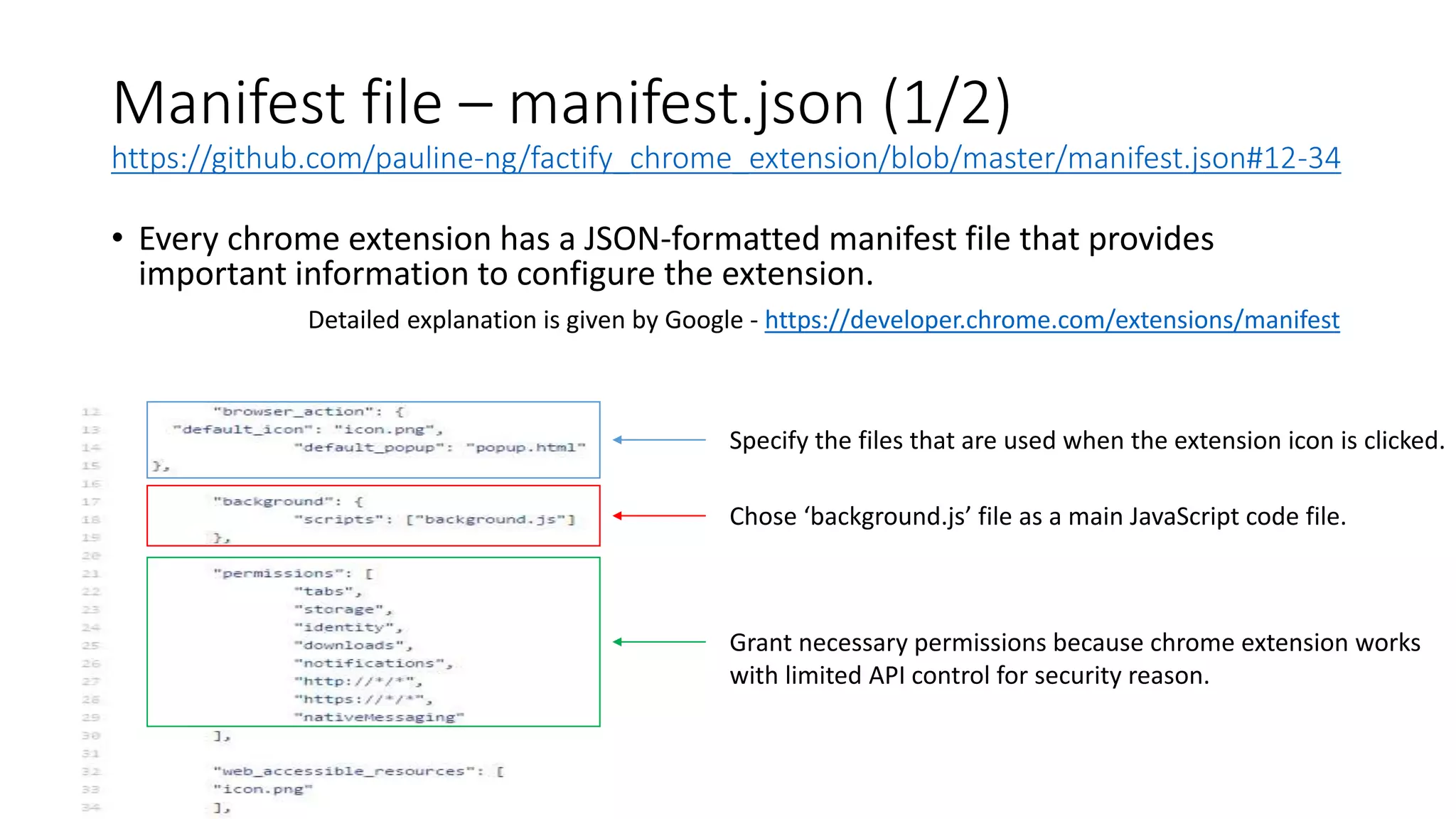 Manifest file – manifest.json (1/2)
https://github.com/pauline-ng/factify_chrome_extension/blob/master/manifest.json#12-34
• Every chrome extension has a JSON-formatted manifest file that provides
important information to configure the extension.
Detailed explanation is given by Google - https://developer.chrome.com/extensions/manifest
Specify the files that are used when the extension icon is clicked.
Chose ‘background.js’ file as a main JavaScript code file.
Grant necessary permissions because chrome extension works
with limited API control for security reason.
 