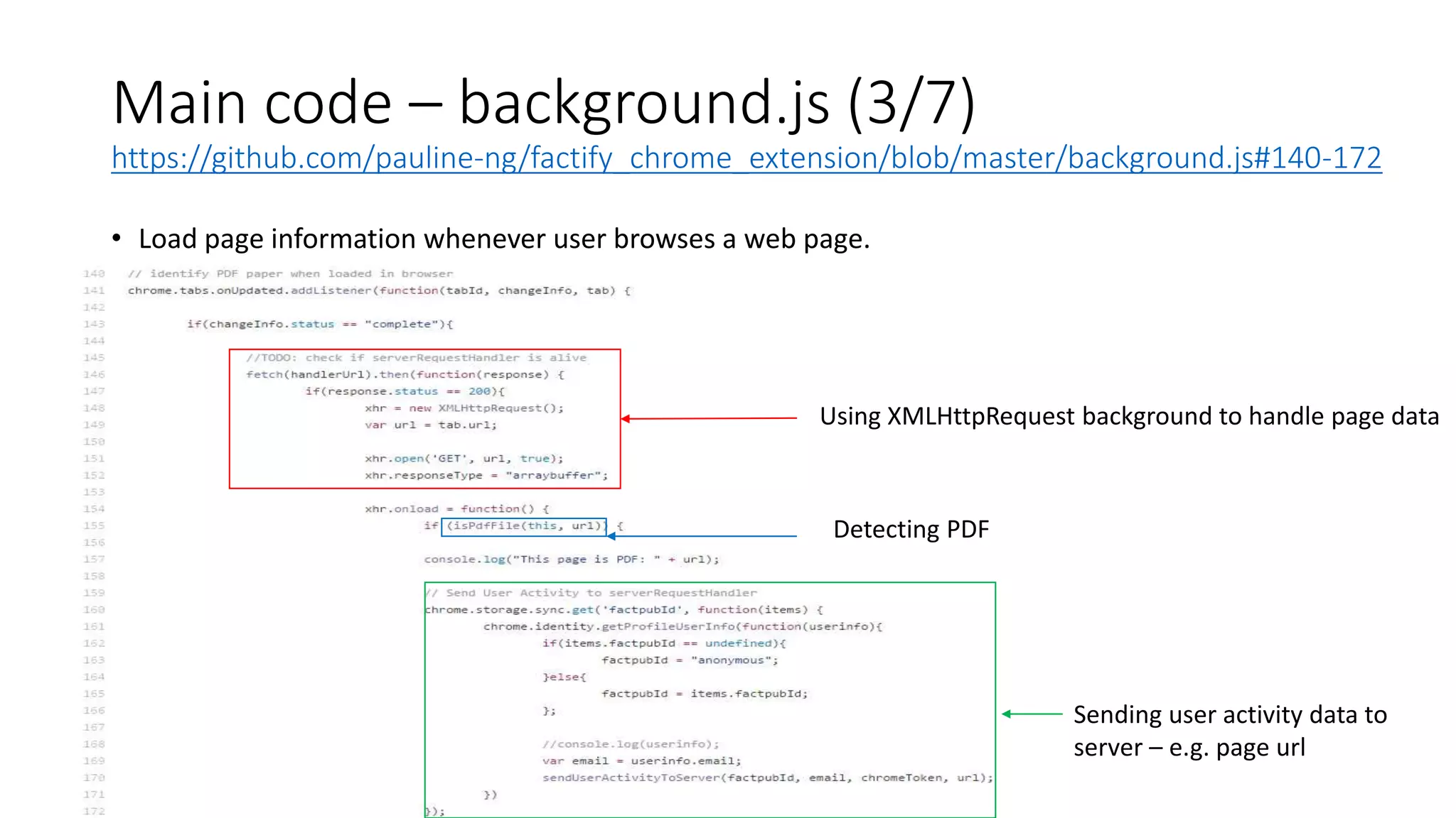 Main code – background.js (3/7)
https://github.com/pauline-ng/factify_chrome_extension/blob/master/background.js#140-172
• Load page information whenever user browses a web page.
Using XMLHttpRequest background to handle page data
Detecting PDF
Sending user activity data to
server – e.g. page url
 