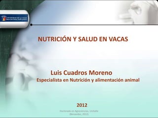 NUTRICIÓN Y SALUD EN VACAS



      Luis Cuadros Moreno
Especialista en Nutrición y alimentación animal



                         2012
          Doctorado en Agrociencias, UniSalle
                  (Benavides, 2012)
 