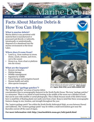 Facts About Marine Debris &
How You Can Help
What is marine debris?
Marine debris is any persistent solid
material that is manufactured or
processed and directly or indirectly,
intentionally or unintentionally,
disposed of or abandoned into the
marine environment or the Great
Lakes.

Where does it come from?
•	 Land (e.g., from roadways to storm
   drains, canals, streams, and rivers,
   out to the ocean)
•	 Ocean (e.g., from a boat or platform
   into the ocean)

What are the impacts?
•	   Eyesore on beaches
•	   Habitat damage
•	   Wildlife entanglement
•	   Ingestion by wildlife
•	   Vessel damage and navigation hazard
•	   Human health and safety
•	   Alien species transport                            Marine debris of all sorts are a hazard to marine life such
                                                        as this endangered Hawaiian monk seal. Photo courtesy
                                                        of J. Higgins, NOAA PIFSC, permit MMPA-ESA848-1365.
What are the “garbage patches”?
The “garbage patches” are areas of marine debris
concentration (due to oceanographic features) in the North Pacific Ocean. The term “garbage patches”
is a misnomer. There is no island of trash forming in the middle of the ocean nor a blanket of trash
that can be seen with satellite or aerial photographs. This is likely because much of the debris found
here is small bits of floating plastic not easily seen from a boat. Keep in mind that these oceanographic
features change in size, location, and strength throughout the year.
The “eastern garbage patch” lies within the North Pacific Subtropical High, an area between Hawaii
and California. The “western garbage patch” may lie within a small recirculation gyre near the
Kuroshio current off the coast of Japan.
For more information visit: http://marinedebris.noaa.gov/info/patch.html

                                                                                                          September ‘10
 