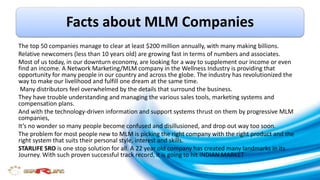 Facts about MLM Companies 
The top 50 companies manage to clear at least $200 million annually, with many making billions. 
Relative newcomers (less than 10 years old) are growing fast in terms of numbers and associates. 
Most of us today, in our downturn economy, are looking for a way to supplement our income or even find an 
income. A Network Marketing/MLM company in the Wellness Industry is providing that opportunity for many 
people in our country and across the globe. The industry has revolutionized the way to make our livelihood and 
fulfill one dream at the same time. 
Many distributors feel overwhelmed by the details that surround the business. 
They have trouble understanding and managing the various sales tools, marketing systems and compensation plans. 
And with the technology-driven information and support systems thrust on them by progressive MLM companies, 
It’s no wonder so many people become confused and disillusioned, and drop out way too soon. 
The problem for most people new to MLM is picking the right company with the right product and the right system 
that suits their personal style, interest and skills. 
STARLIFE SRO is one stop solution for all. A 22 year old company has created many landmarks in its Journey. With 
such proven successful track record, it is going to hit INDIAN MARKET 
For More Details Call 08800199456 08800199460 OR Email us at marketing@starlife.in 
