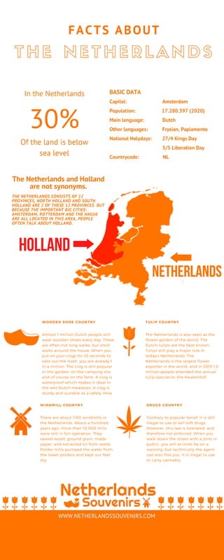 FACTS ABOUT
THE NETHERLANDS
In the Netherlands
30%
Of the land is below
sea level
BASIC DATA
Capital: Amsterdam
Population: 17.280.397 (2020)
Main language: Dutch
Other languages: Frysian, Papiamento
National Holydays: 27/4 Kings Day
5/5 Liberation Day
Countrycode: NL
The Netherlands and Holland
are not synonyms.
THE NETHERLANDS CONSISTS OF 12
PROVINCES, NORTH HOLLAND AND SOUTH
HOLLAND ARE 2 OF THESE 12 PROVINCES. BUT
BECAUSE THE IMPORTANT BIG CITIES:
AMSTERDAM, ROTTERDAM AND THE HAGUE
ARE ALL LOCATED IN THIS AREA, PEOPLE
OFTEN TALK ABOUT HOLLAND.
Almost 1 million Dutch people still
wear wooden shoes every day. These
are often not long walks, but short
walks around the house. When you
put on your clogs for 10 seconds to
take out the trash, you are already 1
in a million. The clog is still popular
in the garden, on the camping site
and of course on the farm. A clog is
waterproof which makes it ideal in
the wet Dutch meadows. A clog is
sturdy and suitable as a safety shoe
WOODEN SHOE COUNTRY
The Netherlands is also seen as the
flower garden of the world. The
Dutch tulips are the best known.
Tulips still play a major role in
today's Netherlands. The
Netherlands is the largest flower
exporter in the world, and in 2019 1.9
million people attended the annual
tulip spectacle: the Keukenhof.
TULIP COUNTRY
There are about 1100 windmills in
the Netherlands. About a hundred
years ago, more than 10,000 mills
were still in full operation. They
sawed wood, ground grain, made
paper, and extracted oil from seeds.
Polder mills pumped the water from
the lower polders and kept our feet
dry.
WINDMILL COUNTRY
Contrary to popular belief, it is still
illegal to use or sell soft drugs.
However, this law is tolerated, and
therefore not enforced. When you
walk down the street with a joint in
public, you will at most be on a
warning, but technically the agent
can also fine you. It is illegal to use
or carry cannabis.
DRUGS COUNTRY
WWW.NETHERLANDSSOUVENIRS.COM
Holland
Netherlands
 