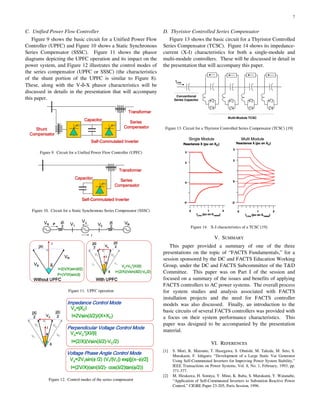 7
C. Unified Power Flow Controller
Figure 9 shows the basic circuit for a Unified Power Flow
Controller (UPFC) and Figure 10 shows a Static Synchronous
Series Compensator (SSSC). Figure 11 shows the phasor
diagrams depicting the UPFC operation and its impact on the
power system, and Figure 12 illustrates the control modes of
the series compensator (UPFC or SSSC) (the characteristics
of the shunt portion of the UPFC is similar to Figure 8).
These, along with the V-δ-X phasor characteristics will be
discussed in details in the presentation that will accompany
this paper.
Series
CompensatorShunt
Compensator
Self-Commutated Inverter
Capacitor
Transformer
Series
CompensatorShunt
Compensator
Self-Commutated Inverter
Capacitor
Transformer
Figure 9. Circuit for a Unified Power Flow Controller (UPFC)
Series
Compensator
Self-Commutated Inverter
Capacitor
Transformer
Series
Compensator
Self-Commutated Inverter
Capacitor
Transformer
Figure 10. Circuit for a Static Synchronous Series Compensator (SSSC)
Without UPFC
I=2(V/X)sin(δ/2)
P=(V2/X)sin(δ)
VS
VR
I
jXI
δ
V∆ VRVS V1 V2
jX
2
jX
2
P
I
With UPFC
VS
VR
I
jXI
2
δ
φ
V∆
jXI
2
V1 V2
V∆=VC*jXI/|I|
I=(2/X)(Vsin(δ/2)-VC/2)
Without UPFC
I=2(V/X)sin(δ/2)
P=(V2/X)sin(δ)
VS
VR
I
jXI
δ
Without UPFC
I=2(V/X)sin(δ/2)
P=(V2/X)sin(δ)
VS
VR
I
jXI
δ
V∆ VRVS V1 V2
jX
2
jX
2
P
I
With UPFC
VS
VR
I
jXI
2
δ
φ
V∆
jXI
2
V1 V2
V∆=VC*jXI/|I|
I=(2/X)(Vsin(δ/2)-VC/2)
V∆ VRVS V1 V2
jX
2
jX
2
P
I
V∆ VRVS V1 V2
jX
2
jX
2
P
I
With UPFC
VS
VR
I
jXI
2
δ
φ
V∆
jXI
2
V1 V2
V∆=VC*jXI/|I|
I=(2/X)(Vsin(δ/2)-VC/2)
With UPFC
VS
VR
I
jXI
2
δ
φ
V∆
jXI
2
V1 V2
V∆=VC*jXI/|I|
I=(2/X)(Vsin(δ/2)-VC/2)
Figure 11. UPFC operation
Impedance Control Mode
V∆=jXCI
I=2Vsin(δ/2)/(X+XC)
Perpendicular Voltage Control Mode
V∆=VC*jXI/|I|
I=(2/X)(Vsin(δ/2)-VC/2)
Voltage Phase Angle Control Mode
V∆=2V1sin(φ /2) (V1/|V1|) exp[j(π−φ)/2]
I=(2V/X)(sin(δ/2)- cos(δ/2)tan(φ/2))
VS
VR
I
jXI
2
δ
φ
V∆
jXI
2
V1 V2
Impedance Control Mode
V∆=jXCI
I=2Vsin(δ/2)/(X+XC)
Impedance Control Mode
V∆=jXCI
I=2Vsin(δ/2)/(X+XC)
Perpendicular Voltage Control Mode
V∆=VC*jXI/|I|
I=(2/X)(Vsin(δ/2)-VC/2)
Perpendicular Voltage Control Mode
V∆=VC*jXI/|I|
I=(2/X)(Vsin(δ/2)-VC/2)
Voltage Phase Angle Control Mode
V∆=2V1sin(φ /2) (V1/|V1|) exp[j(π−φ)/2]
I=(2V/X)(sin(δ/2)- cos(δ/2)tan(φ/2))
Voltage Phase Angle Control Mode
V∆=2V1sin(φ /2) (V1/|V1|) exp[j(π−φ)/2]
I=(2V/X)(sin(δ/2)- cos(δ/2)tan(φ/2))
VS
VR
I
jXI
2
δ
φ
V∆
jXI
2
V1 V2
VS
VR
I
jXI
2
δ
φ
V∆
jXI
2
V1 V2
Figure 12. Control modes of the series compensator
D. Thyristor Controlled Series Compensator
Figure 13 shows the basic circuit for a Thyristor Controlled
Series Compensator (TCSC). Figure 14 shows its impedance-
current (X-I) characteristics for both a single-module and
multi-module controllers. These will be discussed in detail in
the presentation that will accompany this paper.
1 24444444444444 34444444444444
Multi-Module TCSC
Conventional
Series Capacitor
1 24444 34444
ILine
Figure 13. Circuit for a Thyristor Controlled Series Compensator (TCSC) [19]
0 1 2
-2
0
2
3
ILine (pu on ILrated)
Reactance X (pu on XC)
0 1 2
-2
0
2
3
ILine (pu on ILrated)
Reactance X (pu on XC)Reactance X (pu on XC)
0 1 2
-2
0
2
3
ILine (pu on ILrated)
Reactance X (pu on XC)
0 1 2
-2
0
2
3
ILine (pu on ILrated)
Single Module Multi Module
0 1 2
-2
0
2
3
ILine (pu on ILrated)
Reactance X (pu on XC)
0 1 2
-2
0
2
3
ILine (pu on ILrated)
Reactance X (pu on XC)Reactance X (pu on XC)
0 1 2
-2
0
2
3
ILine (pu on ILrated)
Reactance X (pu on XC)
0 1 2
-2
0
2
3
ILine (pu on ILrated)
Single Module Multi Module
Figure 14. X-I characteristics of a TCSC [19]
V. SUMMARY
This paper provided a summary of one of the three
presentations on the topic of “FACTS Fundamentals,” for a
session sponsored by the DC and FACTS Education Working
Group, under the DC and FACTS Subcommittee of the T&D
Committee. This paper was on Part I of the session and
focused on a summary of the issues and benefits of applying
FACTS controllers to AC power systems. The overall process
for system studies and analysis associated with FACTS
installation projects and the need for FACTS controller
models was also discussed. Finally, an introduction to the
basic circuits of several FACTS controllers was provided with
a focus on their system performance characteristics. This
paper was designed to be accompanied by the presentation
material.
VI. REFERENCES
[1] S. Mori, K. Matsuno, T. Hasegawa, S. Ohnishi, M. Takeda, M. Seto, S.
Murakami, F. Ishiguro, “Development of a Large Static Var Generator
Using Self-Commutated Inverters for Improving Power System Stability,”
IEEE Transactions on Power Systems, Vol. 8, No. 1, February, 1993, pp.
371-377.
[2] M. Hirakawa, H. Somiya, Y. Mino, K. Baba, S. Murakami, Y. Watanabe,
“Application of Self-Commutated Inverters to Substation Reactive Power
Control,” CIGRE Paper 23-205, Paris Session, 1996.
 