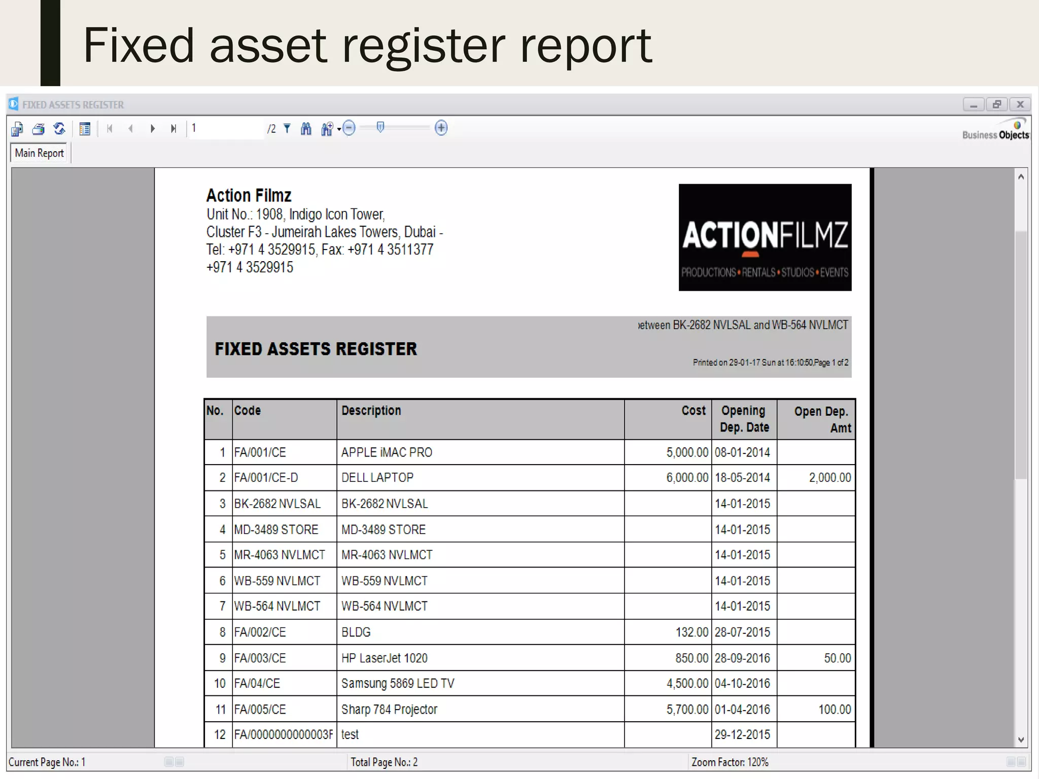 Fixed asset register report
 