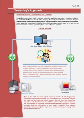 Page 7 of 9
[Type here]
Yesterday’s Approach
Different Business Logic Splitting the Company
Every eCommerce system needs a back-end accounting application to process transactions and enter
the results into the financial records of the company. Because these applications were never designed
to work together, they have completely different methodologies that make some transactions possible
in one system but not possible in the other. Accordingly, prices and options found on the web may not
be available in the back-end system for phone based orders and inquiries.
Existing Solution
eCommerce Solution
Mail Order & Back Office Solution
POS Solution
Database
Database
Database
This is the "old" approach which leads to islands of data fragmented
throughout your organization, the site administrator has to manually oversee
the exporting and importing of data between the web store and back office
operations with the utmost caution. Without real time data, customer service
via your website or customer service representatives is rendered useless
because accurate information is not always available. This causes
customers to have a negative impression of your company, reducing sales
and hurting profitability.
Web Server
Needs synchronization of data from one database to another – hourly, daily
or weekly. Because it is not fully integrated. Without real time data,
customer service via your website or customer service representatives is
rendered useless because accurate information is not always available.
Result - customers to have a negative impression of your company, reducing
sales and hurting profitability.
 