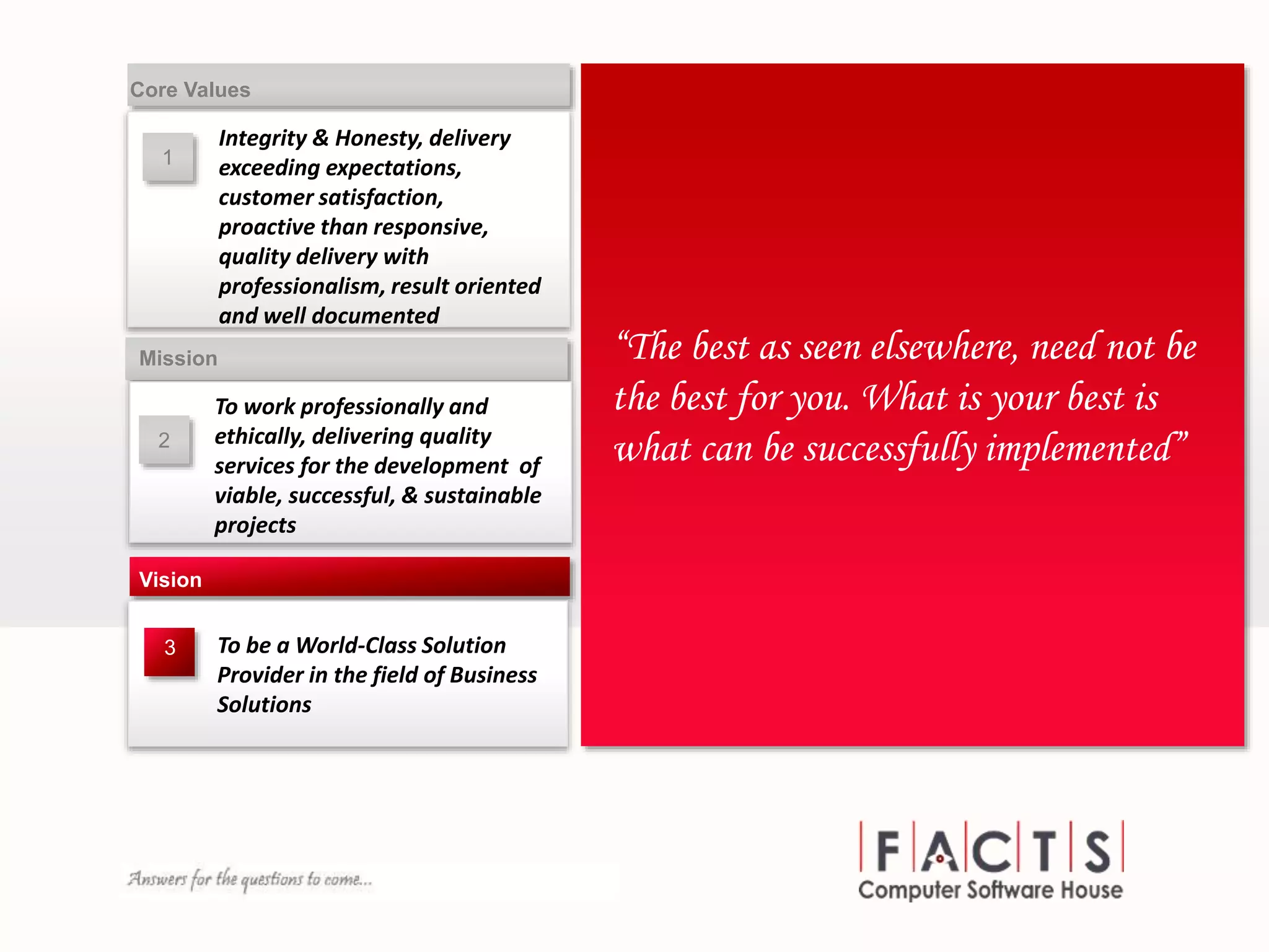 2
To work professionally and
ethically, delivering quality
services for the development of
viable, successful, & sustainable
projects
Mission
To be a World-Class Solution
Provider in the field of Business
Solutions
Vision
“The best as seen elsewhere, need not be
the best for you. What is your best is
what can be successfully implemented”
3
1
Integrity & Honesty, delivery
exceeding expectations,
customer satisfaction,
proactive than responsive,
quality delivery with
professionalism, result oriented
and well documented
Core Values
 