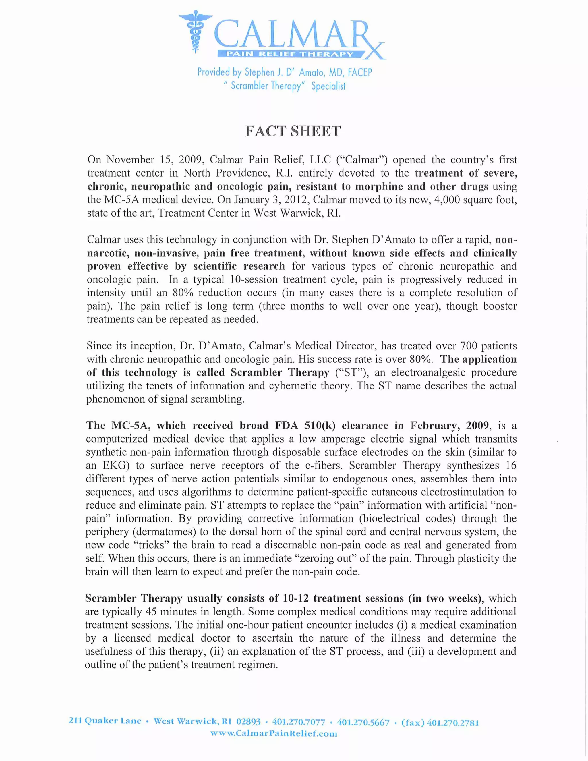CALMARx Pain Relief Therapy, LLC Fact Sheet PDF