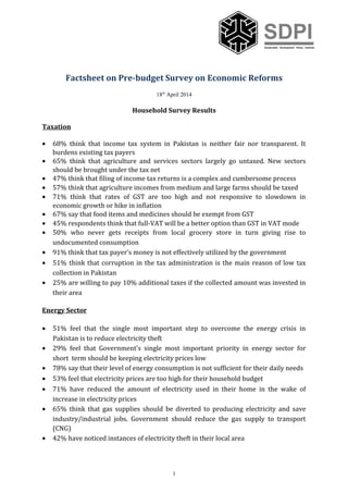 SDPISustainable Development Policy Institute
Factsheet on Pre-budget Survey on Economic Reforms
18th
April 2014
Household Survey Results
Taxation
• 68% think that income tax system in Pakistan is neither fair nor transparent. It
burdens existing tax payers
• 65% think that agriculture and services sectors largely go untaxed. New sectors
should be brought under the tax net
• 47% think that filing of income tax returns is a complex and cumbersome process
• 57% think that agriculture incomes from medium and large farms should be taxed
• 71% think that rates of GST are too high and not responsive to slowdown in
economic growth or hike in inflation
• 67% say that food items and medicines should be exempt from GST
• 45% respondents think that full-VAT will be a better option than GST in VAT mode
• 50% who never gets receipts from local grocery store in turn giving rise to
undocumented consumption
• 91% think that tax payer’s money is not effectively utilized by the government
• 51% think that corruption in the tax administration is the main reason of low tax
collection in Pakistan
• 25% are willing to pay 10% additional taxes if the collected amount was invested in
their area
Energy Sector
• 51% feel that the single most important step to overcome the energy crisis in
Pakistan is to reduce electricity theft
• 29% feel that Government's single most important priority in energy sector for
short term should be keeping electricity prices low
• 78% say that their level of energy consumption is not sufficient for their daily needs
• 53% feel that electricity prices are too high for their household budget
• 71% have reduced the amount of electricity used in their home in the wake of
increase in electricity prices
• 65% think that gas supplies should be diverted to producing electricity and save
industry/industrial jobs. Government should reduce the gas supply to transport
(CNG)
• 42% have noticed instances of electricity theft in their local area
1
 