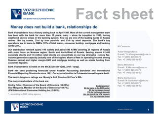 1
Fact sheet
Money does not build a bank, relationships do
IR Contacts:
Yulia Vinogradova
E-mail: Yu.Vinogradova@voz.ru
Tel: +7 (495) 620-90-71
Fax: +7 (495) 620-19-52
Elena Mironova
E-mail: E.Mironova@voz.ru
Tel: +7 (495) 620-90-71
Fax: +7 (495) 620-19-52
Maria Gorbunova
E-mail: M.Gorbunova@voz.ru
Tel: +7 (495) 620-90-71
Fax: +7 (495) 620-19-52
www.vbank.ru
Bank Vozrozhdenie has a history dating back to April 1991. Most of the current management team
has been with the bank for more than 15 years, many – since its inception in 1991, having
weathered several crises in the banking system. Now we are one of the leading banks in Russia
ranked 28th by assets, 22rd by loan portfolio and 17th by retail deposits. The bank's key
operations are in loans to SMEs (51% of total loans), consumer lending, mortgages and banking
cards (20%).
Our distribution network spans 146 outlets and about 840 ATMs covering 21 regions of Russia
with main focus on Moscow region, South and North-West of Russia. Serving around 61,400
corporate clients and 1.5 million retail clients we concentrate on our key strengths - strong fee-
income generation capacity (actually one of the highest share of fees in operating income among
Russian banks) and higher margin-SME and mortgage lending as well as stable funding from
customer deposits.
Bank Vozrozhdenie is listed on the MICEX (ticker VZRZ, pref - vzrzp).
Bank has been publishing financials under Russian Accounting Standards and International
Financial Reporting Standards since 1991. Our external auditor is PricewaterhouseCoopers Audit.
The bank’s long-term ratings are: Moody’s Ba3, Standard & Poor’s BB-.
The main shareholders of the bank are:
Dmitry Orlov, Chairman of the Board of Directors (32.03%),
Otar Margania, Member of the Board of Directors (19.67%),
JPM International Consumer Holding Inc. (9.88%).
* - according to RBC rating agency
Market position*
6th by loans to the SME sector
9th by mortgages issued
17th by individual deposits
19th by size of the ATM network
21st by corporate loans
 