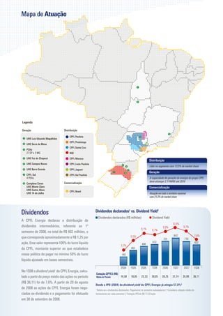 Mapa de Atuação                                                                                                                                                                                                                                                                                           Fact Sheet 3T08 | CPFL Energia



                                                                                                                                                                         Agenda de Criação de Valor                                                                Objetivos           Estratégias
                                                                                                                                                                                                                                                                                       Eficiência Operacional
                                                                                                                                                                         O sucesso alcançado pela CPFL Energia está apoiado em                                     Valorização         Crescimento Sinérgico
                                                                                                                                                                         estratégias empresariais claramente definidas e em critérios                              Liquidez            Disciplina Financeira
                                                                                                                                                                         de excelência de gestão, voltados para o crescimento sus­                                 Segurança           Sustentabilidade e Responsabilidade Social
                                                                                                                                                                         tentado dos negócios.                                                                                         Governança Corporativa diferenciada




                                                                                                                                                                   Mercado
                                                                                                                                                                   Vendas totais de energia – GWh 1
                                                                                                                                                                                                                                                                  Vendas por classe de consumo – 3T08 2
                                                                                                                                                                                       4,1%
                                                                                                                                                                           11.211                    11.666
                                                                                                                                                                                                                                                                                                               31,1% Residencial
                                                                                                                                                                                                                                                                                                               17,5% Comercial
                                                                                                                                                                            8.751                    9.373
                                                                                                                                                                                                                                                                                                               6,5% Rural
                                                                                                                                                                                                                            Cativo
                                                                                                                                                                            2.460                    2.293                  Mercado Livre                                                                      12,1% Outros
                                                                                                                                                                             3T07                    3T08                                                                                                      32,8% Industrial

                                                                                                                                                                   1
                                                                                                                                                                       Exclui transações entre empresas do grupo (critério contábil de consolidação), CCEE e vendas de geração (exceto para Mercado Livre). | 2 Mercado cativo




                                                                                                                                                                   Performance Financeira
                                                                                                                                                                   Receita líquida (R$ milhões)                                         Ebitda (R$ milhões)                                   Lucro líquido (R$ milhões)
                                                                                                                                                                                                -0,6%
                                                                                                                                                                                    2.404                                                                -15,4%                                                  -21,0%
                                                                                                                                                                                                                                                   880                                                  428
                                                                                                                                                                                                              2.389
                                                                                                                                                                                                                                                                    745                                                     339




Dividendos                                          Dividendos declarados1 vs. Dividend Yield2                                                                                      3T07                      3T08                             3T07                 3T08                                3T07                3T08

                                                      Dividendos declarados (R$ milhões)                      Dividend Yield
A CPFL Energia declarou a distribuição de
                                                                                                                                  10,9%
dividendos intermediários, referente ao 1º                                                                              9,6%                  9,7%
                                                                                                  9,1%       8,7%
semestre de 2008, no total de R$ 602 milhões, o
                                                                                       6.5%                                         842                     7,6%   Dívida líquida ajustada / EBITDA3 (R$ bilhões)                                                                Composição da dívida4 - Setembro 2008
que corresponde aproximadamente a R$ 1,25 por                                                                            722                  719
ação. Esse valor representa 100% do lucro líquido                                                             612                                           602                                               Dívida líquida/EBITDA
                                                                             3,7%                  498
da CPFL, montante superior ao que estabelece                                            401                                                                                                                   Dívida líquida ajustada                                            50,6% CDI
                                                                                                                                                                                                                                                                                                                            52,5% CDI
nossa política de pagar no mínimo 50% do lucro                                140                                                                                                                                                           5,09         5,64
                                                                                                                                                                            4,39                                              4,42
líquido ajustado em bases semestrais.                                                                                                                                                         3,78             3,70
                                                                                                                                                                            2,85                                                                                                 28,1% TJLP                                 30,9% TJLP
                                                                                                             1S06                                                                             2,25
                                                                             2S04      1S05       2S05                  2S06       1S07       2S07      1S08
No 1S08 o dividend yield da CPFL Energia, calcu­                                                                                                                                                               1,74          1,57                        1,95
                                                    Cotação CPFE3 (R$)                                                                                                                                                                      1,53
lado a partir do preço médio das ações no período   Média do Período         16,58      18,85     23,33      30,05      28,25     31,74      35,99      36,11                                                                                                                    16,8% IGP                                  13,7% IGP
(R$ 36,11) foi de 7,6%. A partir de 20 de agosto                                                                                                                                                                                                                                  3,7% Dólar                                 1,9% Dólar 5
                                                    Desde o IPO (2S04) do dividend yield da CPFL Energia já atingiu 57,0%3                                                  2003              2004             2005          2006           2007         3T08
de 2008 as ações da CPFL Energia foram nego­        1
                                                      Refere-se a dividendos declarados. Pagamento no semestre subseqüente | 2 Considera cotação média do
ciadas ex-dividendo e o pagamento foi efetuado      fechamento em cada semestre | 3 Cotação IPO de R$ 17,22/ação                                                                                                                                                                                 3T07               3T08
em 30 de setembro de 2008.                                                                                                                                         3
                                                                                                                                                                       EBITDA últimos 12 meses | 4 Indexação pós-hedge | 5 Hedge natural (receita com componentes cambial)
 