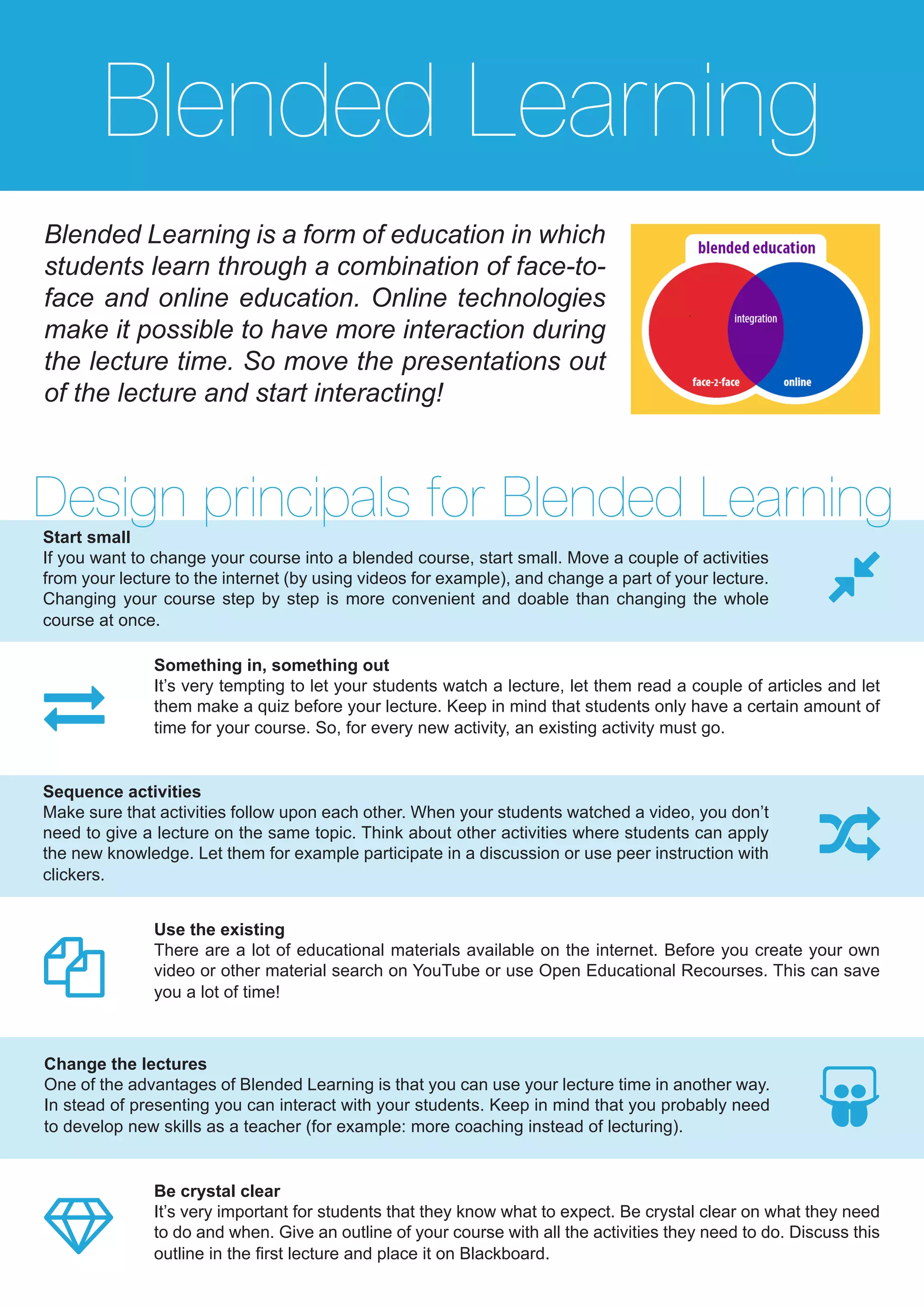 Blended Learning
Design principals for Blended Learning
Blended Learning is a form of education in which
students learn through a combination of face-to-
face and online education. Online technologies
make it possible to have more interaction during
the lecture time. So move the presentations out
of the lecture and start interacting!






Start small
If you want to change your course into a blended course, start small. Move a couple of activities
from your lecture to the internet (by using videos for example), and change a part of your lecture.
Changing your course step by step is more convenient and doable than changing the whole
course at once.
Something in, something out
It’s very tempting to let your students watch a lecture, let them read a couple of articles and let
them make a quiz before your lecture. Keep in mind that students only have a certain amount of
time for your course. So, for every new activity, an existing activity must go.
Sequence activities
Make sure that activities follow upon each other. When your students watched a video, you don’t
need to give a lecture on the same topic. Think about other activities where students can apply
the new knowledge. Let them for example participate in a discussion or use peer instruction with
clickers.
Use the existing
There are a lot of educational materials available on the internet. Before you create your own
video or other material search on YouTube or use Open Educational Recourses. This can save
you a lot of time!
Change the lectures
One of the advantages of Blended Learning is that you can use your lecture time in another way.
In stead of presenting you can interact with your students. Keep in mind that you probably need
to develop new skills as a teacher (for example: more coaching instead of lecturing).
Be crystal clear
It’s very important for students that they know what to expect. Be crystal clear on what they need
to do and when. Give an outline of your course with all the activities they need to do. Discuss this
outline in the first lecture and place it on Blackboard.
 