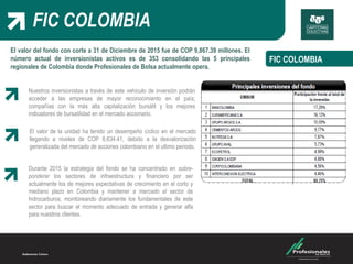 FIC COLOMBIA
El valor del fondo con corte a 31 de Diciembre de 2015 fue de COP 9,867.39 millones. El
número actual de inversionistas activos es de 353 consolidando las 5 principales
regionales de Colombia donde Profesionales de Bolsa actualmente opera.
FIC COLOMBIA
El valor de la unidad ha tenido un desempeño cíclico en el mercado
llegando a niveles de COP 8,634.41, debido a la desvalorización
generalizada del mercado de acciones colombiano en el ultimo periodo.
Durante 2015 la estrategia del fondo se ha concentrado en sobre-
ponderar los sectores de infraestructura y financiero por ser
actualmente los de mejores expectativas de crecimiento en el corto y
mediano plazo en Colombia y mantener a mercado el sector de
hidrocarburos, monitoreando diariamente los fundamentales de este
sector para buscar el momento adecuado de entrada y generar alfa
para nuestros clientes.
Nuestros inversionistas a través de este vehículo de inversión podrán
acceder a las empresas de mayor reconocimiento en el país;
compañías con la más alta capitalización bursátil y los mejores
indicadores de bursatilidad en el mercado accionario.
 