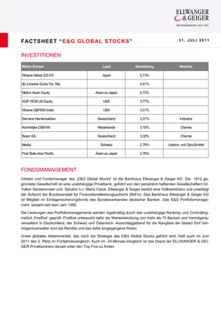 F AC T S H E E T “ E & G G LO B AL S T O C KS ”                                                31. JULI 2011



INVESTITIONEN

Aktien Europa                                    Land                Gewichtung                 Branche

iShares Nikkei 225 EX                            Japan                  5,73%

db x-tracker Eonia Tot. Ret.                                            5,61%

Mellon Asian Equity                          Asien ex Japan             4,72%

AGIF RCM US Equity                               USA                    3,77%

iShares S&P500 Index                             USA                    3,51%

Siemens Namensaktien                          Deutschland               3,31%                   Industrie

Koninklijke DSM NV                            Niederlande               3,10%                   Chemie

Bayer AG                                      Deutschland               3,02%                   Chemie

Nestle                                          Schweiz                 2,79%            Lebens- und Genußmittel

First State Asia Pacific                     Asien ex Japan             2,76%



FONDSMANAGEMENT
Initiator und Fondsmanager des „E&G Global Stocks“ ist die Bankhaus Ellwanger & Geiger KG. Die 1912 ge-
gründete Gesellschaft ist eine unabhängige Privatbank, geführt von den persönlich haftenden Gesellschaftern Dr.
Volker Gerstenmaier und Senator h.c. Mario Caroli. Ellwanger & Geiger besitzt eine Vollbanklizenz und unterliegt
der Aufsicht der Bundesanstalt für Finanzdienstleistungsaufsicht (BaFin). Das Bankhaus Ellwanger & Geiger KG
ist Mitglied im Einlagensicherungsfonds des Bundesverbandes deutscher Banken. Das E&G Portfoliomanage-
ment besteht seit dem Jahr 1990.

Die Leistungen des Portfoliomanagements werden regelmäßig durch das unabhängige Ranking- und Controlling-
institut „Firstfive“ geprüft. Firstfive untersucht dafür die Wertentwicklung von mehr als 75 Banken und Vermögens-
verwaltern in Deutschland, der Schweiz und Österreich. Ausschlaggebend für die Rangliste der besten fünf Ver-
mögensverwalter sind die Rendite und das dafür eingegangene Risiko.

Unser globales Aktienmandat, das nach der Strategie des E&G Global Stocks geführt wird, hielt auch im Juni
2011 den 2. Platz im Fünfjahresvergleich. Auch im 24-Monats-Vergleich ist das Depot der ELLWANGER & GEI-
GER Privatbankiers derzeit unter den Top Five zu finden.
 