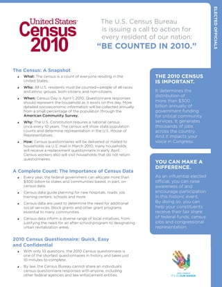 eleCTed offiCials
                                                 The U.S. Census Bureau
                                                 is issuing a call to action for
                                                 every resident of our nation:
                                               “Be CounTed in 2010.”

The Census: a snapshot
    What: The census is a count of everyone residing in the          The 2010 Census
      United States.                                                   is imporTanT.
    Who: All U.S. residents must be counted—people of all races
      and ethnic groups, both citizens and non-citizens.               It determines the
                                                                       distribution of
    When: Census Day is April 1, 2010. Questionnaire responses
      should represent the household as it exists on this day. More    more than $300
      detailed socioeconomic information will be collected annually    billion annually of
      from a small percentage of the population through the            government funding
      American Community Survey.                                       for critical community
    Why: The U.S. Constitution requires a national census            services. It generates
      once every 10 years. The census will show state population       thousands of jobs
      counts and determine representation in the U.S. House of         across the country.
      Representatives.                                                 And it impacts your
    How: Census questionnaires will be delivered or mailed to        voice in Congress.
      households via U.S. mail in March 2010; many households
      will receive a replacement questionnaire in early April.
      Census workers also will visit households that do not return
      questionnaires.
                                                                       You Can make a
                                                                       differenCe.
a Complete Count: The importance of Census data
    Every year, the federal government can allocate more than        As an influential elected
      $300 billion to states and communities based, in part, on        official, you can raise
      census data.                                                     awareness of and
    Census data guide planning for new hospitals, roads, job         encourage participation
      training centers, schools and more.                              in this historic event.
    Census data are used to determine the need for additional        By doing so, you can
      social services, block grants and other grant programs           help your constituents
      essential to many communities.                                   receive their fair share
    Census data inform a diverse range of local initiatives, from    of federal funds, census
      justifying the need for an after-school program to designating   jobs and congressional
      urban revitalization areas.                                      representation.

2010 Census Questionnaire: Quick, easy
and Confidential
    With only 10 questions, the 2010 Census questionnaire is
      one of the shortest questionnaires in history and takes just
      10 minutes to complete.
    By law, the Census Bureau cannot share an individual’s
      census questionnaire responses with anyone, including
      other federal agencies and law enforcement entities.
 