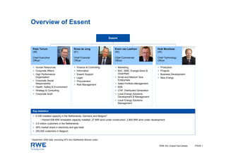 Overview of Essent

                                                                         Essent



    Peter Terium                           Rinse de Jong                     Erwin van Laethem                   Huib Morelisse
    (46)                                   (61)                              (45)                                (44)

    Chief Executive                        Chief Financial                   Chief Commercial                    Chief Technology
    Officer                                Officer                           Officer                             Officer

    > Human Resources                      >   Finance & Controlling         > Marketing                         >    Production
    > Corporate Affairs                    >   Information                   > B2C, SME, Energie:direct &        >    Projects
    > High Performance                     >   Essent Support                  Greenfield                        >    Business Development
      Organisation                         >   Legal                         > Small and Medium Size             >    New Energy
    > Corporate Social                     >   Procurement                     Enterprises
      Responsibility                       >   Risk Management               > Sales Portfolio Management
    > Health, Safety & Environment                                           > B2B
    > Strategy & Consulting                                                  > CHP, Distributed Generation
    > Corporate Audit                                                        > Local Energy Solutions
                                                                               Development & Management
                                                                             > Local Energy Solutions
                                                                               Management


    Key statistics

    > 5 GW installed capacity in the Netherlands, Germany and Belgium1
           > thereof 636 MW renewable capacity installed; 27 MW wind under construction; 2,800 MW wind under development
    > 3.9 million customers in the Netherlands
    > 26% market share in electricity and gas retail
    > 250,000 customers in Belgium


1   September 2009 data; excluding EPZ and Stadtwerke Bremen (swb)

                                                                                                                     RWE AG | Essent fact sheets   PAGE 1
 