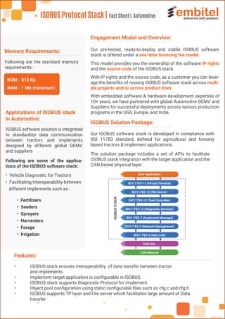 Engagement Model and Overview:
ISOBUS Solution Package:
Our pre-tested, ready-to-deploy and stable ISOBUS software
stack is offered under a one-time licensing fee model.
This model provides you the ownership of the software IP rights
and the source code of the ISOBUS stack.
Our ISOBUS software stack is developed in compliance with
ISO 11783 standard, defined for agricultural and forestry
based tractors & implement applications.
The solution package includes a set of APIs to facilitate
ISOBUS stack integration with the target application and the
CAN based physical layer.
Features:
• ISOBUS stack ensures interoperability of data transfer between tractor
and implements.
• Implement target application is configurable in ISOBUS.
• ISOBUS stack supports Diagnostic Protocol for Implement.
• Object pool configuration using static configurable files such as cfg.c and cfg.h
• ISOBUS supports TP layer and File server which facilitates large amount of Data
transfer.
With IP rights and the source code, as a customer you can lever-
age the benefits of reusing ISOBUS software stack across multi-
ple projects and/or across product lines.
With embedded software & hardware development expertise of
10+ years, we have partnered with global Automotive OEMs’ and
Suppliers for successful deployments across various production
programs in the USA, Europe, and India.
Memory Requirements:
Following are the standard memory
requirements:
ROM - 512 Kb
RAM - 1 Mb (minimum)
Applications of ISOBUS stack
in Automotive:
ISOBUS software solution is integrated
to standardize data communication
between tractors and implements
designed by different global OEMs’
and suppliers
Following are some of the applica-
tions of the ISOBUS software stack:
• Vehicle Diagnostic for Tractors
• Facilitating Interoperability between
different Implements such as :
• Fertilizers
• Seeders
• Sprayers
• Harvesters
• Forage
• Irrigation
Fact Sheet | AutomotiveISOBUS Protocol Stack |
User Application
ISO11783-13 (Virtual Terminal)
ISO11783-13 (File Server)
ISO11783-10 (Task Controller)
ISO11783-12 (Diagnostic Services)
ISO11783-7 (Implement Message)
ISO11783-5 (Network Management)
ISO11783-3 (Data Link)
CAN HAL
CAN Network
ISOBUSSTACK
 