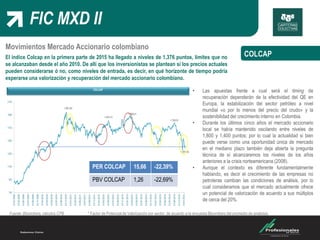 FIC MXD II
COLCAP
Movimientos Mercado Accionario colombiano
PER COLCAP 15,66 -22,39%
PBV COLCAP 1,26 -22,69%
El índice Colcap en la primera parte de 2015 ha llegado a niveles de 1,376 puntos, límites que no
se alcanzaban desde el año 2010. De allí que los inversionistas se plantean sí los precios actuales
pueden considerarse ó no, como niveles de entrada, es decir, en qué horizonte de tiempo podría
esperarse una valorización y recuperación del mercado accionario colombiano.
• Las apuestas frente a cual será el timing de
recuperación dependerán de la efectividad del QE en
Europa, la estabilización del sector petróleo a nivel
mundial «o por lo menos del precio del crudo» y la
sostenibilidad del crecimiento interno en Colombia.
• Durante los últimos cinco años el mercado accionario
local se había mantenido oscilando entre niveles de
1,800 y 1,400 puntos; por lo cual la actualidad si bien
puede verse como una oportunidad única de mercado
en el mediano plazo también deja abierta la pregunta
técnica de sí alcanzaremos los niveles de los años
anteriores a la crisis norteamericana (2008).
• Aunque el contexto es diferente fundamentalmente
hablando, es decir el crecimiento de las empresas no
petroleras cambian las condiciones de análisis, por lo
cual consideramos que el mercado actualmente ofrece
un potencial de valorización de acuerdo a sus múltiplos
de cerca del 20%.
Fuente: Bloomberg, cálculos CPB * Factor de Potencial de Valorización por sector, de acuerdo a la encuesta Bloomberg del promedio de analistas.
 