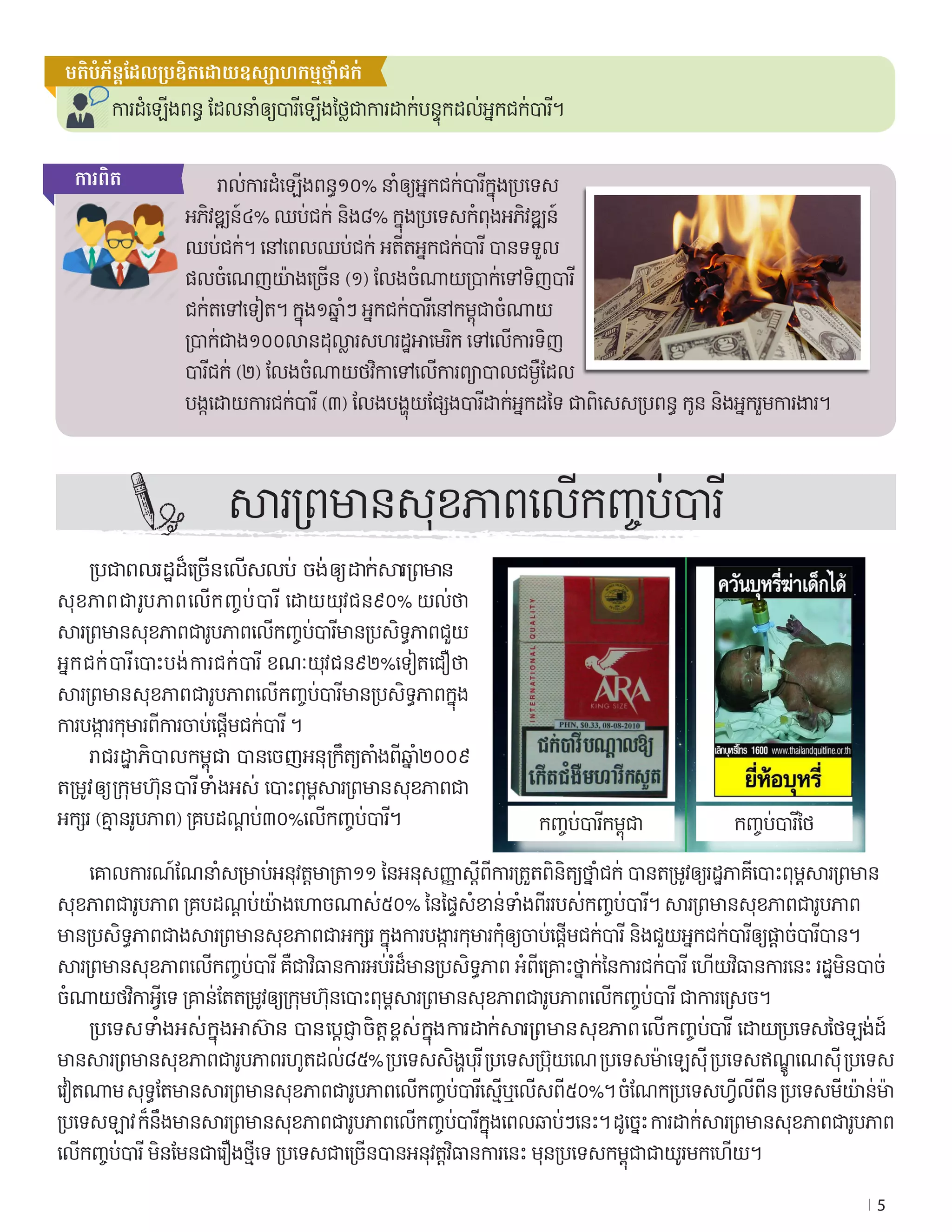 5
មតិ​បំភ័ន្ត​ដែល​ប្រឌិត​ដោយ​ឧស្សាហកម្ម​ថ្នាំជក់
ការ​ដំឡ�ើងពន្ធ​ ដែល​នាំ​ឲ្យ​បារី​ឡ�ើងថ្លៃជា​ការ​ដាក់​បន្ទុក​ដល់អ្នកជក់បារី។
	 រាល់​ការ​ដំឡ�ើងពន្ធ​១០% នាំឲ្យអ្នកជក់បារីក្នុងប្រទេស	
អភិវឌ្ឍន៍៤% ឈប់​ជក់​ និង៨% ក្នុង​ប្រទេស​កំពុង​អភិវឌ្ឍន៍​
ឈប់​ជក់។ នៅ​ពេល​ឈប់​ជក់ អតីត​អ្នក​ជក់បារី បាន​ទទួល​
ផល​ចំណេញ​យ៉ាងច្រើន (១) លែង​ចំណាយ​ប្រាក់​ទៅ​ទិញ​បារី​
ជក់​តទៅ​ទ�ៀត។ ក្នុង១ឆ្នាំៗ អ្នក​ជក់​បារី​នៅ​កម្ពុជា​ចំណាយ​
ប្រាក់​ជាង១០០លានដុល្លារ​សហរដ្ឋអាមេរិក ទៅ​ល�ើ​ការទិញ​
បារីជក់ (២) លែង​ចំណាយ​ថវិកា​ទៅ​ល�ើ​ការព្យាបាល​ជម្ងឺ​ដែល​
បង្ក​ដោយ​ការជក់បារី (៣)​ លែង​បង្ហុយ​ផ្សែង​បារីដាក់​​អ្នកដទៃ​ ជា​ពិសេស​ប្រពន្ធ កូន និង​អ្នក​រួម​ការងារ។
	 ប្រជាពលរដ្ឋ​ដ៏​ច្រើន​ល�ើសលប់ ចង់​ឲ្យ​ដាក់​សារព្រមាន​
សុខភាព​ជា​រូប​ភាព​ល�ើក​ញ្ចប់​បារី​ ដោយ​យុវជន៩០% យល់ថា	
សារព្រមាន​សុខភាព​ជា​រូបភាព​ល�ើ​កញ្ចប់​បារី​មាន​ប្រសិទ្ធភាព​ជួយ​​
អ្នក​ជក់​បារី​បោះបង់​ការជក់បារី ខណៈយុវជន៩២%ទ�ៀត​ជ�ឿ​ថា 
សារព្រមាន​​សុខភាព​​ជា​រូបភាព​ល�ើ​កញ្ចប់​បារី​​មាន​ប្រសិទ្ធភាព​ក្នុង​
ការបង្ការ​កុមារ​ពី​ការចាប់ផ្តើម​ជក់បារី ។
	 រាជរដ្ឋាភិបាលកម្ពុជា បានចេញអនុក្រឹត្យតាំងពីឆ្នាំ២០០៩
តម្រូវ​ឲ្យ​ក្រុម​ហ៊ុន​បារី​ទាំងអស់​ បោះពុម្ព​សារព្រមាន​​សុខភាព​ជា​
អក្សរ (គ្មាន​រូបភាព) គ្របដណ្តប់៣០%ល�ើក​ញ្ចប់បារី។​ 
	 គោលការណ៍​ណែនាំ​សម្រាប់​អនុវត្ត​មាត្រា១១ នៃ​អនុសញ្ញា​ស្ដីពី​ការត្រួតពិនិត្យ​ថ្នាំជក់​ បាន​តម្រូវ​ឲ្យ​រដ្ឋភាគី​បោះពុម្ព​សារព្រមាន​
សុខភាព​ជា​រូបភាព​​​ គ្រប​ដណ្តប់​យ៉ាង​ហោច​ណាស់​៥០% នៃ​ផ្ទៃ​សំខាន់​ទាំងពីរ​របស់​កញ្ចប់បារី។​ សារព្រមាន​សុខភាព​ជា​រូបភាព 
មាន​ប្រសិទ្ធភាព​ជាង​សារព្រមាន​សុខភាព​ជា​អក្សរ ក្នុង​ការ​បង្ការ​កុមារ​កុំ​ឲ្យ​ចាប់​ផ្តើម​ជក់បារី និង​ជួយ​អ្នក​ជក់​បារី​ឲ្យ​ផ្តាច់​បារី​បាន។
សារព្រមាន​សុខភាព​ល�ើ​កញ្ចប់​បារី​ គឺ​ជា​វិធានការ​អប់រំ​ដ៏​មានប្រសិទ្ធភាព អំពី​គ្រោះ​ថ្នាក់​នៃ​ការ​ជក់​បារី ហ�ើយ​វិធាន​ការ​នេះ រដ្ឋ​មិន​បាច់​
ចំណាយ​ថវិកា​អី្វ​ទេ គ្រាន់​តែ​តម្រូវ​ឲ្យ​ក្រុម​ហ៊ុន​បោះពុម្ព​សារព្រមាន​សុខភាព​ជា​រូបភាព​ល�ើ​កញ្ចប់​បារី ជា​ការ​ស្រេច។
	 ប្រទេស​ទាំងអស់​ក្នុង​អាស៊ាន បាន​ប្ដេជ្ញា​ចិត្ត​ខ្ពស់​ក្នុង​ការ​ដាក់​សារព្រមាន​សុខភាព​​ល�ើ​កញ្ចប់​បារី ដោយ​ប្រទេសថៃឡង់​ដ៍	
មាន​សារព្រមាន​សុខភាព​ជារូបភាពរហូតដល់៨៥% ប្រទេស​សិង្ហបុរី ប្រទេស​ប្រ៊ុយណេ ប្រទេស​ម៉ាឡេស៊ី ប្រទេស​ឥណ្ឌូណេស៊ី ប្រទេស​
វ�ៀតណាម សុទ្ធតែ​មាន​សារព្រមាន​សុខភាព​ជារូបភាពល�ើកញ្ចប់បារីស្មើឬល�ើសពី៥០%។​ ចំណែក​ប្រទេសហ្វីលីពីន ប្រទេសមីយ៉ាន់ម៉ា 
ប្រទេសឡាវ ក៏​នឹង​មាន​សារព្រមាន​សុខភាព​ជា​រូបភាព​ល�ើ​កញ្ចប់បារី​ក្នុង​ពេល​ឆាប់ៗ​នេះ។ ដូច្នេះ ការដាក់​សារព្រមាន​សុខភាព​ជា​រូប​ភាព​
ល�ើ​កញ្ចប់​បារី​ មិន​មែន​ជា​រ�ឿង​ថ្មី​ទេ ប្រទេស​ជាច្រើនបាន​អនុវត្ត​វិធានការ​នេះ​ មុន​ប្រទេសកម្ពុជា​ជា​យូរ​មក​ហ�ើយ។
កញ្ចប់​បារីកម្ពុជា កញ្ចប់​បារីថៃ
សារព្រមាន​សុខភាពល�ើកញ្ចប់​បារី
ការ​ពិត
 