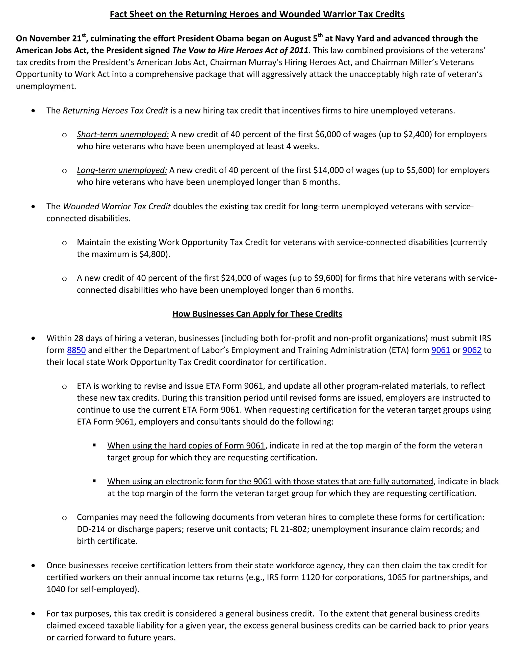 Fact sheet on veteran tax credits | PDF