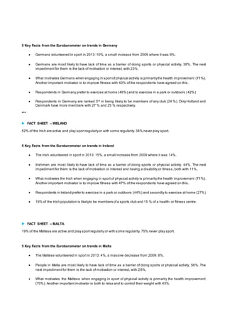 5 Key Facts from the Eurobarometer on trends in Germany 
 Germans volunteered in sport in 2013: 10%, a small increase from 2009 where it was 9%. 
 Germans are most likely to have lack of time as a barrier of doing sports or physical activity, 38%. The next 
impediment for them is the lack of motivation or interest, with 23%. 
 What motivates Germans when engaging in sport of physical activity is primarily the health improvement (71%). 
Another important motivator is to improve fitness with 43% of the respondents have agreed on this . 
 Respondents in Germany prefer to exercise at home (46%) and to exercise in a park or outdoors (42%) 
 Respondents in Germany are ranked 3rd in being likely to be members of any club (24 %). Only Holland and 
Denmark have more members with 27 % and 25 % respectively. 
*** 
 FACT SHEET – IRELAND 
52% of the Irish are active and play sport regularly or with some regularity. 34% never play sport. 
5 Key Facts from the Eurobarometer on trends in Ireland 
 The Irish volunteered in sport in 2013: 15%, a small increase from 2009 where it was 14%. 
 Irishmen are most likely to have lack of time as a barrier of doing sports or physical activity, 44%. The next 
impediment for them is the lack of motivation or interest and having a disability or illness, both with 11%. 
 What motivates the Irish when engaging in sport of physical activity is primarily the health improvement (71%). 
Another important motivator is to improve fitness with 47% of the respondents have agreed on this. 
 Respondents in Ireland prefer to exercise in a park or outdoors (44%) and secondly to exercise at home (27%) 
 19% of the Irish population is likely to be members of a sports club and 15 % of a health- or fitness centre. 
 FACT SHEET – MALTA 
19% of the Maltese are active and play sport regularly or with some regularity. 75% never play sport. 
5 Key Facts from the Eurobarometer on trends in Malta 
 The Maltese volunteered in sport in 2013: 4%, a massive decrease from 2009: 8%. 
 People in Malta are most likely to have lack of time as a barrier of doing sports or physical activity, 56%. The 
next impediment for them is the lack of motivation or interest, with 28%. 
 What motivates the Maltese when engaging in sport of physical activity is primarily the health improvement 
(70%). Another important motivator is both to relax and to control their weight with 43%. 
 