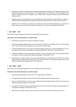  Slovenia is the second most likely to have health considerations as a motivator (76%) topped by Sweden (81%) 
and followed by Denmark (76%), (lowest, 2nd is Hungary: 39% and 3rd is Romania: 47%). Spending time with 
friends is relatively common for Slovenia, the 2nd highest (32%, topped by Austria (35%) and followed by 
Denmark (31%). 
 Engaging in sport or physical activity in a park and outdoors is particularly high in Slovenia (60%), as well as in 
Sweden (55%) and Austria (54%). Slovenia is the third most likely country to do sports at home, with 54%. 
 Slovenians are 12% likely to be members of a sports club. And one of the least likely to be a member of a 
fitness centre or gym (5%), the least likely being Lithuania at 1% and the most likely the Dutch (33%). 
 FACT SHEET – ITALY 
30% of Italians play sport regularly or with some regularity. 60% never play sport. 
5 Key Facts from the Eurobarometer on trends in Italy 
 Volunteering in sport (2013: 3%; 2009: 3%) (Equal 2nd lowest). 
 Dislike of competitive activities is the most common barrier in Italy (2013: 13%), Malta (2013: 12%) and Hungary 
(2013: 10%) Lack of time and motivation is a strong barrier for Italy at (40%). 
 A s trong motivator for Italy is improving one’s phys ical appearance, the s ame in Latvia and Malta (2013: 33% in 
each case). The most common motivator is to improve health (2013: 55%) and to relax (2013: 44%). 
 Low figures in Italy for those who exercise at home (2013: 13%), or at work 4%). 35% of the respondents prefer 
the outdoors, and the country with the highest percentage is Finland (2013: 72%). 
 Membership at a health or fitness centre has decreased the most in Italy (2013: 6%; 2009: 14%), with the 
largest increases in Sweden (2013: 33%; 2009: 21%), Luxembourg (2013: 13%; 2009: 6%), Spain (2013: 10%; 
2009: 4%) and the Czech Republic (2013: 12%; 2009: 6%). 
 FACT SHEET – SPAIN 
46% of the Spanish play sport regularly or with some regularity. 44% never play sport. 
5 Key Facts from the Eurobarometer on trends in Spain 
 Spanish people volunteered in sport in 2013: 4%, a decrease from 2009: 5%. 
 The biggest barrier for Spain is lack of time (2013: 45%), followed by lack motivation at (24%). 
 Spain is the forth likely to do sport to improve health with 73%, the highest Sweden (81%). The second most 
important motivator for Spain is to relax, 35%. 
 Low figures in Spain for those who exercise at work (6%). Park and outdoors setting is particularly high, 51%, 
the highest percentage in Finland (2013: 72%). 
 Membership at a health or fitness centre in Spain are at 10% and members of a club sport, are in 7%. 
 