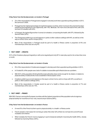 5 Key Facts from the Eurobarometer on trends in Portugal 
 2% of the respondents in Portugal were engaged in voluntary work that supported sporting activities in 2013, 
the same as in 2009. 
 Portugal has the highest percentage among the European countries, when it comes to the price barrier when 
practicing sport regularly (it is too expensive), with 19%. Moreover, the main one is the lack of time, with 33% 
and lack of motivation with 26%. 
 In Portugal, the highest figure when it comes to motivators, is improving the health, with 67%, followed by the 
desire to relax (32%). 
 The Portuguese prefer to go out and exercise in parks or other outdoors settings with 44%, as well as on the 
way to school, home, work or shops (25%). 
 Most of the respondents in Portugal would be part of a health or fitness centre in proportion of 6% and 
memberships at the club are only 4%. 
 FACT SHEET – CROATIA 
35 % of the Croatians play sport regularly or with some regularity and only 29 % never play sport or do so less than once 
a month. 
5 Key Facts from the Eurobarometer on trends in Croatia 
 8% of the respondents in Croatia were engaged in voluntary work that supported sporting activities in 2013. 
 In Croatia 8% of the people see a lack of suitable or accessible sport infrastructure as a problem. 
 With 58 % of the population thinking that the local authorities does not do enough for its citizens in relation to 
physical activity Croatia are the most unsatisfied in the European Union. 
 Croatians prefer to go out and exercise on the way to school, home, work or shops with 44%, as well as in 
parks or other outdoors settings (30%) 
 Most of the respondents in Croatia would be part of a health or fitness centre in proportion of 7% and 
memberships at the club are 10%. 
 FACT SHEET – FRANCE 
With 56% France is among the European countries with the highest proportions of the population who do vigorous 
physical activity for more than an hour only, second only to Estonia (58%). 
5 Key Facts from the Eurobarometer on trends in France 
 A mere 5% of the French do their sport or physical activity in a health- or fitness centre 
 French people’s main reason for not living an active life is that 42% of them do not have time and 24% lack 
motivation and interest. 
 What motivates the French most is engaging in sport of physical activity for improving the health (55%), closely 
followed by improving fitness (54%). 
 