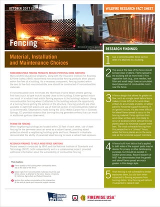NONCOMBUSTIBLE FENCING PRODUCTS REDUCE POTENTIAL HOME IGNITIONS
Many wildﬁre educational programs, along with the Insurance Institute for Business
& Home Safety (IBHS) recommend noncombustible fencing products when placed
within ﬁve feet of a building. As a necessary component, fencing located within
the zero to ﬁve-foot noncombustible zone should be constructed of noncombustible
materials.
A noncombustible zone minimizes the likelihood of wind-blown embers igniting
ﬁne fuels (such as bark mulch) located close to the building. Ember-ignited mulch
can result in a radiant heat and/or ﬂaming exposure to the building’s exterior. Using
noncombustible fencing where it attaches to the building reduces the opportunity
of a burning fence igniting the exterior of the structure. Fencing products are often
available in eight-foot pieces and use of that full section of noncombustible material
is recommended. Observations made during the 2012 Waldo Canyon ﬁre in Colorado
Springs, CO provided evidence that burning fencing generates embers that can result
in additional ignitions down-wind.
PERIMETER FENCING
When neighboring buildings are located within 20 feet of each other, use of steel
fencing for the perimeter area can serve as a radiant barrier, providing added
protection should a neighboring building ignite and burn. Research in Australia
demonstrated the ability of panelized steel fencing to resist a radiant heat exposure.
RESEARCH FINDINGS TO HELP AVOID FENCE IGNITIONS
Recent research conducted by IBHS and the National Institute of Standards and
Technology (NIST), both independently and in a collaborative project, provided
additional information about the vulnerability of combustible fencing.
Use a noncombustible fence section
when it’s attached to a building.
The area at the base of the fence should
be kept clear of debris. Flame spread to
the building will be more likely if ﬁne
vegetative fuels (e.g., pine needles, leaf
litter and small twigs) have accumulated.
Avoid placement of combustible mulch
near the fence.
A fence design that allows for greater air
ﬂow, such as a single panel lattice fence,
makes it more difﬁcult for wind-blown
embers to accumulate at plank, or lattice
panel to horizontal support locations. If
an ignition occurs, it’s also more difﬁcult
for lateral ﬂame spread to occur in the
fencing material. Fence ignitions from
wind-blown embers are more likely to
occur at locations where vertical fencing
planks attach to horizontal support mem-
bers. The most vulnerable fencing from
this perspective is a “privacy” fence,
where the fence planks are on the same
side as the horizontal support members.
A fence built from lattice that’s applied
to both sides of the support posts may be
desired for privacy or other landscaping
purposes, but should be avoided in
wildﬁre-prone areas. Recent research at
NIST has demonstrated that ﬁre growth
and lateral ﬂame spread are much
greater in this design style.
Vinyl fencing is not vulnerable to ember
exposures alone, but did burn when
subjected to ﬂaming exposures from
burning debris. Vinyl fencing will deform
if subjected to radiant heat.
1
2
3
4
5
RESEARCH FINDINGS:
WILDFIRE RESEARCH FACT SHEETOCTOBER 2017 EDITION
Fencing
Material, Installation
and Maintenance Choices
©Insurance Institute for Business & Home Safety
©University of California, Agriculture
and Natural Resources©Insurance Institute for Business & Home Safety
C
Flame spread to the building when combustible debris
was at the base of the fence.
Gates made from noncombustible materials should be used
where a fence is attached to the home. Source: University
of California, Agriculture and Natural Resources
Ignition from ember accumulation at the intersection
of the vertical planks and horizontal support member.
C
B
A
Photo Captions:
B
A
 