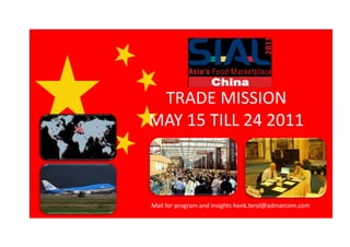 Flight Saturday May 15 From Amsterdam  – Beijing –  Flight Tuesday May 24 – From Shanghai – Amsterdam = Euro 845,--  Direct Flights<br />Direct flight Amsterdam Shanghai vv current rates 1750, euro’s . Fast bookers because the Sial is very important fair. <br />