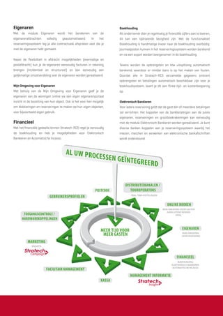 FACILITAIR MANAGEMENT
POSTCODE
MANAGEMENT INFORMATIE
MARKETING
TOEGANGSCONTROLE /
HARDWAREKOPPELINGEN
REAL-TIME KOPPELINGEN
DISTRIBUTIEKANALEN /
TOUROPERATORS
EIGENAREN
FINANCIEEL
ONLINE BOEKEN
KASSA
AL UW PROCESSEN GEÏNTEGREERD
MIJN OMGEVING VOOR GASTEN
AANSLUITEND BOEKEN
IDEAL
MIJN OMGEVING
VOOR EIGENAREN
GEBRUIKERSPROFIELEN
BOEKHOUDING
ELEKTRONISCH BANKIEREN
AUTOMATISCHE INCASSO
MEER TIJD VOOR
MEER GASTEN
ENQUÊTE
Insight
Campaign
Eigenaren
Met de module Eigenaren wordt het berekenen van de
eigenarenafdrachten volledig geautomatiseerd. In het
reserveringssysteem leg je alle contractuele afspraken vast die je
met de eigenaren hebt gemaakt.
Naast de ﬂexibiliteit in afdracht mogelijkheden (evenredige en
poolafdracht) kun je de eigenaren eenvoudig facturen in rekening
brengen (incidenteel en structureel) en kan eenvoudig een
gelijkmatige omzetverdeling over de eigenaren worden gerealiseerd.
Mijn Omgeving voor Eigenaren
Met behulp van de Mijn Omgeving voor Eigenaren geef je de
eigenaren van de woningen online via een eigen eigenarenportaal
inzicht in de bezetting van hun object. Ook is het voor hen mogelijk
om blokkeringen en reserveringen te maken op hun eigen objecten,
voor bijvoorbeeld eigen gebruik.
Financieel
Met het ﬁnanciële gedeelte binnen Stratech-RCS regel je eenvoudig
de boekhouding en heb je mogelijkheden voor Elektronisch
Bankieren en Automatische Incasso.
Boekhouding
Als ondernemer dien je regelmatig je ﬁnanciële cijfers aan te leveren,
dit kan een tijdrovende bezigheid zijn. Met de functionaliteit
Boekhouding is handmatige invoer naar de boekhouding overbodig:
journaalposten kunnen in het reserveringssysteem worden berekend
en via een export worden overgenomen in de boekhouding.
Tevens worden de opbrengsten en btw uitsplitsing automatisch
berekend, waardoor er minder kans is op het maken van fouten.
Doordat alle in Stratech-RCS verzamelde gegevens omtrent
opbrengsten en betalingen automatisch beschikbaar zijn voor je
boekhoudsysteem, levert je dit een ﬂinke tijd- en kostenbesparing
op.
Elektronisch Bankieren
Voor iedere reservering geldt dat de gast één of meerdere betalingen
zal verrichten. Het koppelen van de bankbetalingen aan de juiste
eigenaren, reserveringen en grootboekrekeningen kan eenvoudig
met de module Elektronisch Bankieren worden gerealiseerd. Je kunt
diverse banken koppelen aan je reserveringssysteem waarbij het
inlezen, matchen en verwerken van elektronische bankafschriften
wordt ondersteund.
 