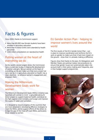 Facts & figures
Since 2004, thanks to Commission support:                         EU Gender Action Plan - helping to
	 More than 85,000 new female students have been                 improve women’s lives around the
   enrolled in secondary education
	 More than 4 million births were attended by health
                                                                  world
   personnel
	 10.8 million consultations on reproductive health              The first results of the EU’s Gender Action Plan – put
                                                                  in place to improve coordination and reinforce the EU’s
                                                                  work on gender to make sure that it had more impact on
Putting women at the heart of                                     the ground – show that it is already making a difference.

everything we do                                                  Figures show that thanks to the plan, EU Delegations and
                                                                  Member States are putting in place new procedures to
As the world’s second largest donor, the Commission               ensure that gender issues are systematically taken into
has a crucial role to play in helping the development             account; both in their policy making and, frequently, also
of women and girls. We put women at the heart of                  in their budget support programmes.
everything we do and make sure that every project we
carry out; be it in agriculture, education or health, has a
clear objective - to enhance women’s engagement and
empower them.


Making the Millennium
Development Goals work for
women
The Millennium Development Goals (MDGs) initiative was
launched with women in mind - a groundbreaking €1
billion project to support maternal health, contribute to
the fight against child mortality and hunger and improve
the supply of water and sanitation.

It is designed to reward progress of the countries that
are most advanced in developing effective strategies to
meet the MDGs, and to support efforts of the others to
bridge the gap of the most off track MDGs, particularly
those related to women.




                                                              2
 