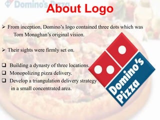 About Logo
 From inception, Domino’s logo contained three dots which was
Tom Monaghan’s original vision.
 Their sights were firmly set on.
 Building a dynasty of three locations.
 Monopolizing pizza delivery.
 Develop a triangulation delivery strategy
in a small concentrated area.
 