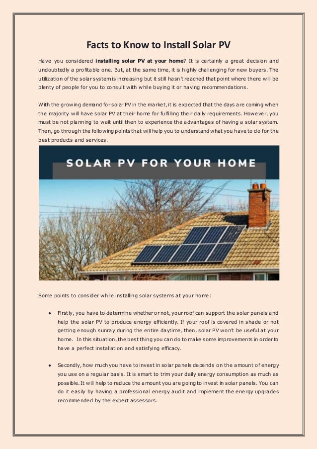 Facts To Know To Install Solar Pv