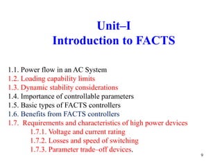 9
Unit–I
Introduction to FACTS
1.1. Power flow in an AC System
1.2. Loading capability limits
1.3. Dynamic stability considerations
1.4. Importance of controllable parameters
1.5. Basic types of FACTS controllers
1.6. Benefits from FACTS controllers
1.7. Requirements and characteristics of high power devices
1.7.1. Voltage and current rating
1.7.2. Losses and speed of switching
1.7.3. Parameter trade–off devices.
 