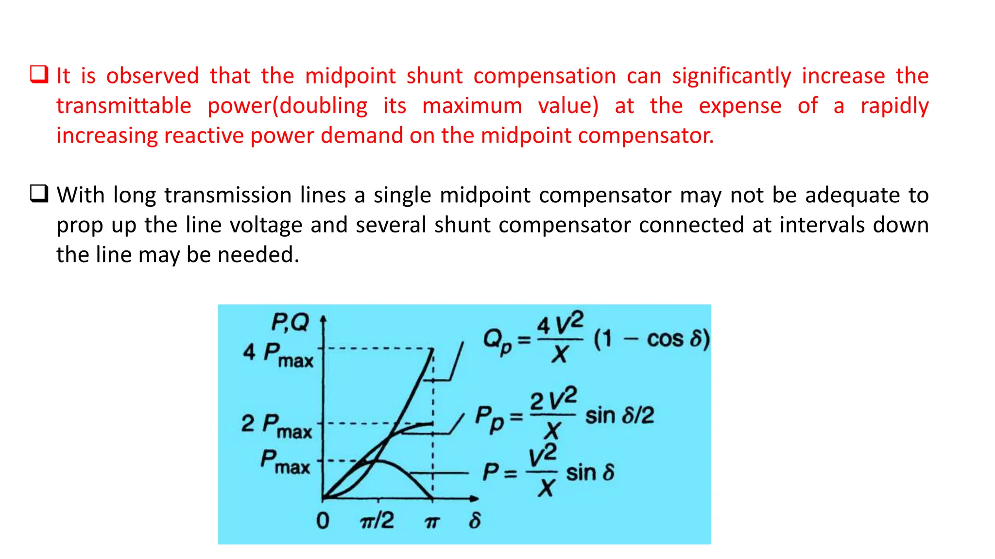  It is observed that the midpoint shunt compensation can significantly increase the
transmittable power(doubling its maximum value) at the expense of a rapidly
increasing reactive power demand on the midpoint compensator.
 With long transmission lines a single midpoint compensator may not be adequate to
prop up the line voltage and several shunt compensator connected at intervals down
the line may be needed.
 