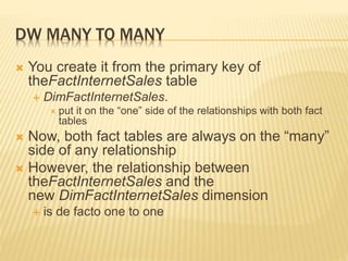 DW MANY TO MANY
 You create it from the primary key of
theFactInternetSales table
 DimFactInternetSales.
 put it on the “one” side of the relationships with both fact
tables
 Now, both fact tables are always on the “many”
side of any relationship
 However, the relationship between
theFactInternetSales and the
new DimFactInternetSales dimension
 is de facto one to one
 