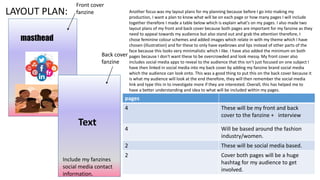 LAYOUT PLAN:
masthead
Text
Include my fanzines
social media contact
information.
Front cover
fanzine
Back cover
fanzine
Another focus was my layout plans for my planning because before I go into making my
production, I want a plan to know what will be on each page or how many pages I will include
together therefore I made a table below which is explain what's on my pages. I also made two
layout plans of my front and back cover because both pages are important for my fanzine as they
need to appeal towards my audience but also stand out and grab the attention therefore, I
chose feminine colour schemes and added images which relate in with my theme which I have
chosen (illustration) and for these to only have eyebrows and lips instead of other parts of the
face because this looks very minimalistic which I like. I have also added the minimum on both
pages because I don't want these to be overcrowded and look messy. My front cover also
includes social media apps to reveal to the audience that this isn’t just focused on one subject I
have then linked in social media into my back cover by adding my fanzine brand social media
which the audience can look onto. This was a good thing to put this on the back cover because it
is what my audience will look at the end therefore, they will then remember the social media
link and type this in to investigate more if they are interested. Overall, this has helped me to
have a better understanding and idea to what will be included within my pages.
pages
4 These will be my front and back
cover to the fanzine + interview
4 Will be based around the fashion
industry/women.
2 These will be social media based.
2 Cover both pages will be a huge
hashtag for my audience to get
involved.
 