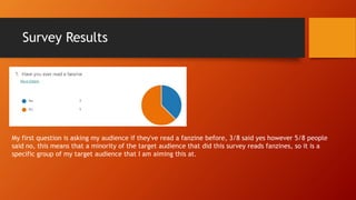 Survey Results
My first question is asking my audience if they've read a fanzine before, 3/8 said yes however 5/8 people
said no, this means that a minority of the target audience that did this survey reads fanzines, so it is a
specific group of my target audience that I am aiming this at.
 
