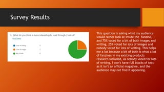 Survey Results
This question is asking what my audience
would rather look at inside the fanzine,
and 75% voted for a bit of both images and
writing, 25% voted for lots of images and
nobody voted for lots of writing. This helps
me a lot because a bit of both is what a lot
of fanzines in my existing products
research included, as nobody voted for lots
of writing, I won't have full blocks of text
as it isn't an official magazine, and the
audience may not find it appealing.
 