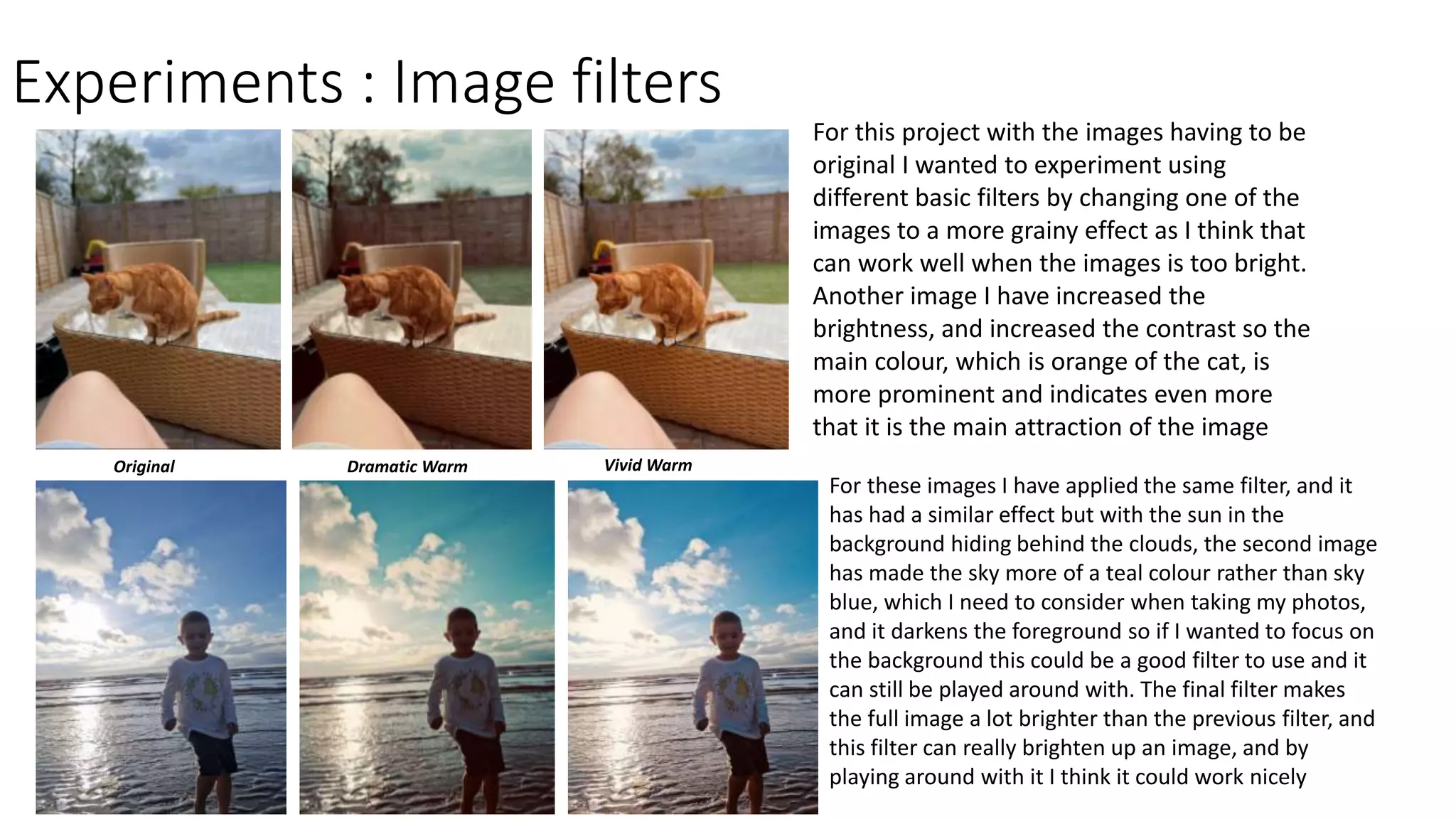 Experiments : Image filters
For this project with the images having to be
original I wanted to experiment using
different basic filters by changing one of the
images to a more grainy effect as I think that
can work well when the images is too bright.
Another image I have increased the
brightness, and increased the contrast so the
main colour, which is orange of the cat, is
more prominent and indicates even more
that it is the main attraction of the image
For these images I have applied the same filter, and it
has had a similar effect but with the sun in the
background hiding behind the clouds, the second image
has made the sky more of a teal colour rather than sky
blue, which I need to consider when taking my photos,
and it darkens the foreground so if I wanted to focus on
the background this could be a good filter to use and it
can still be played around with. The final filter makes
the full image a lot brighter than the previous filter, and
this filter can really brighten up an image, and by
playing around with it I think it could work nicely
Original Dramatic Warm Vivid Warm
 