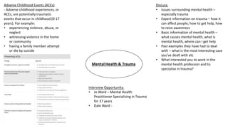Mental Health & Trauma
Adverse Childhood Events (ACEs)
- Adverse childhood experiences, or
ACEs, are potentially traumatic
events that occur in childhood (0-17
years). For example:
• experiencing violence, abuse, or
neglect
• witnessing violence in the home
or community
• having a family member attempt
or die by suicide
Discuss:
• Issues surrounding mental health –
especially trauma
• Expert information on trauma – how it
can affect people, how to get help, how
to raise awareness
• Basic information of mental health –
what causes mental health, what is
mental health, where can I get help
• Past examples they have had to deal
with – what is the most interesting case
you’ve dealt with etc
• What interested you to work in the
mental health profession and to
specialise in trauma?
Interview Opportunity:
• Jo Ward – Mental Health
Practitioner Specialising in Trauma
for 37 years
• Dale Ward -
 